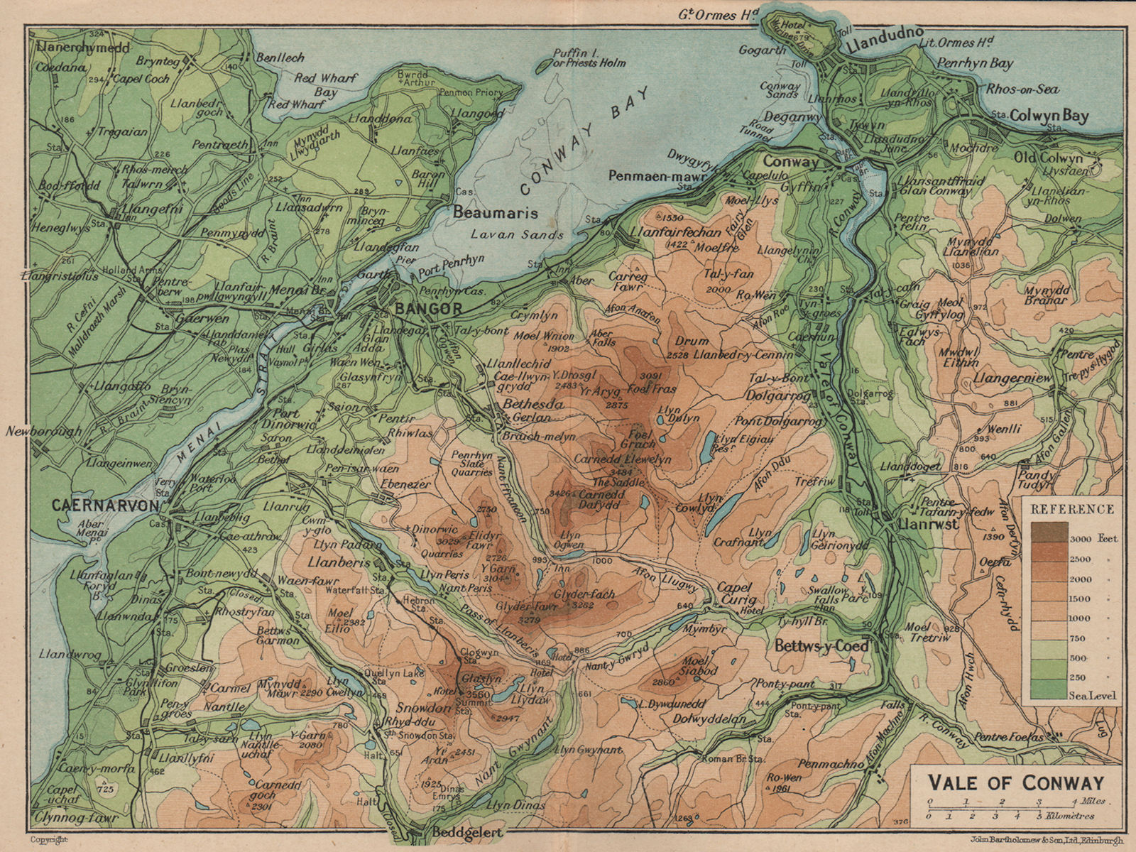 VALE OF CONWY CONWAY. Vintage map. Bangor Caernarvon Betws-y-Coed Llandudno 1936