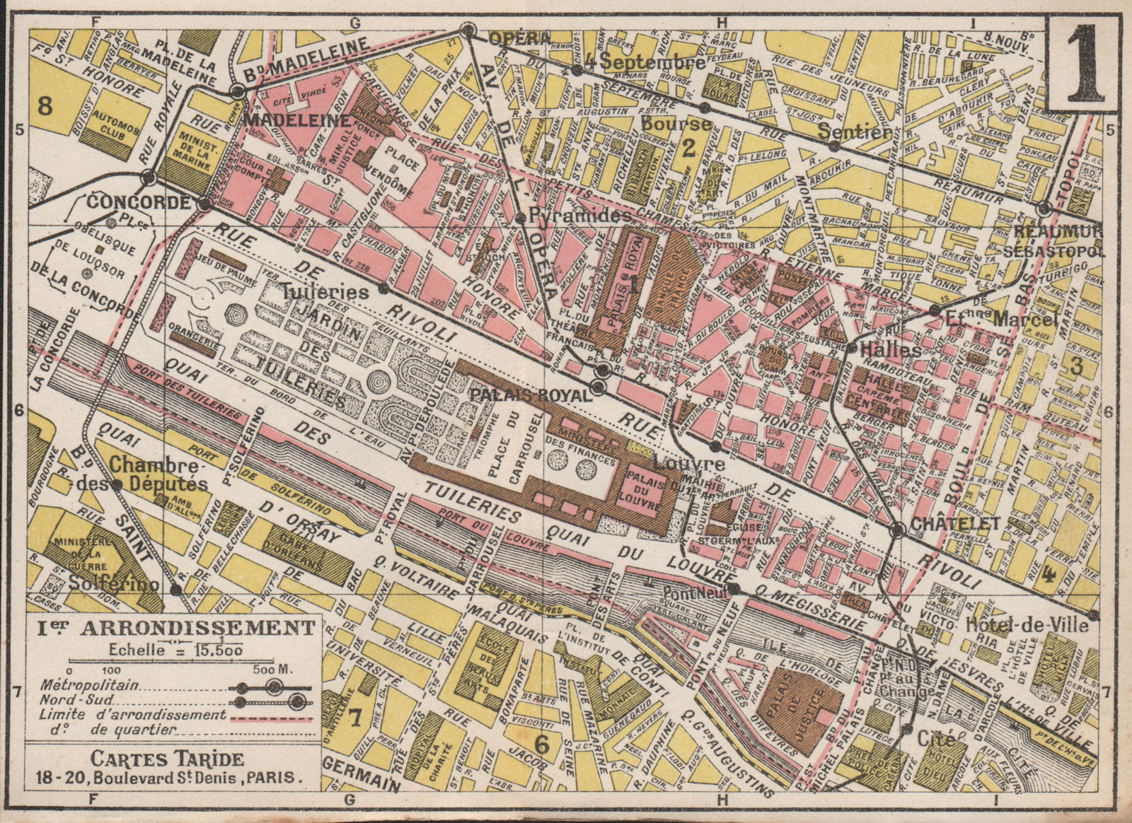 PARIS. 1st 1er Ier. Arrondissement. Louvre. TARIDE 1926 old vintage map chart