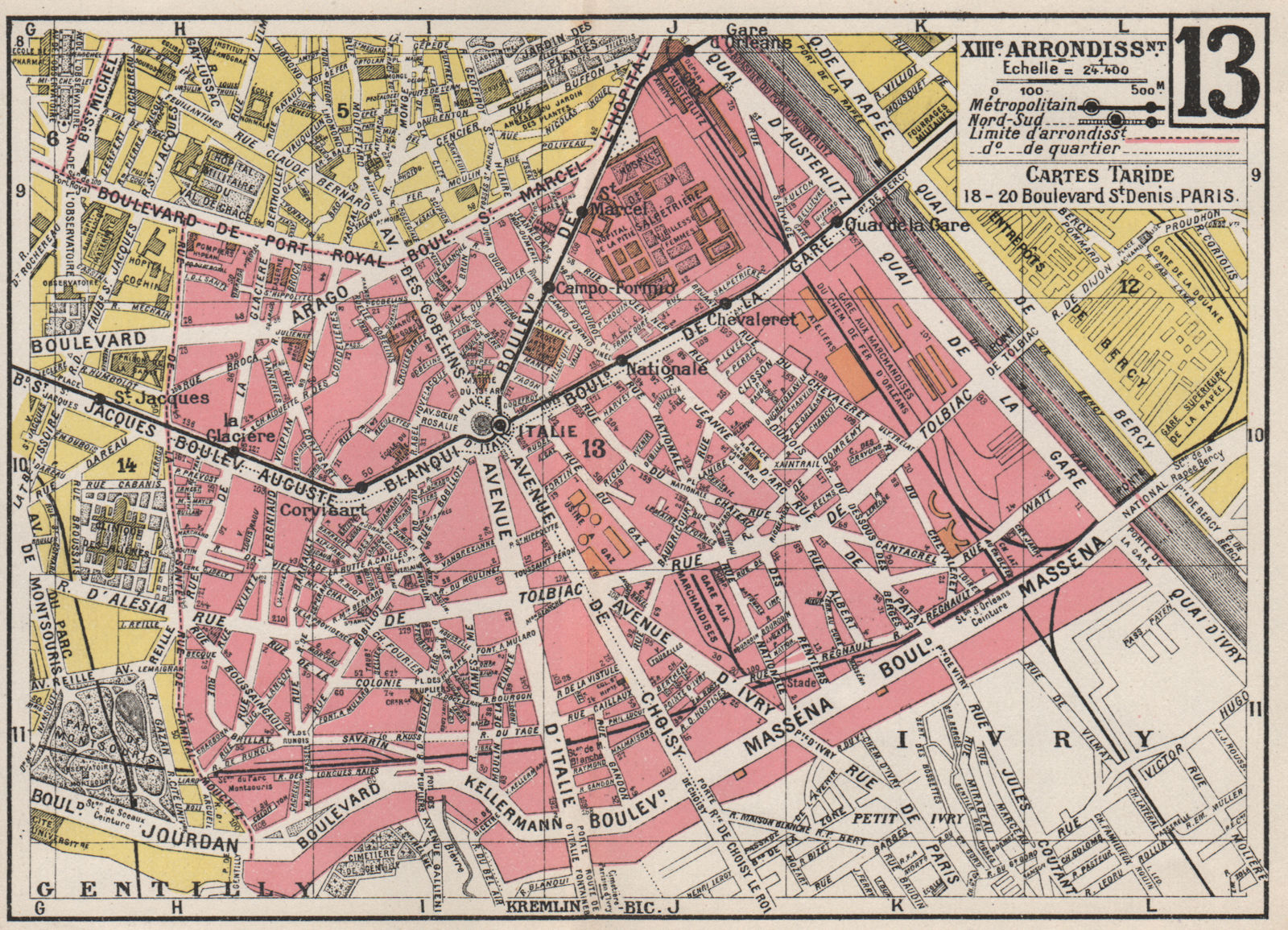 PARIS. 13th 13e XIIIe. Arrondissement. Gobelins. TARIDE 1926 old vintage map