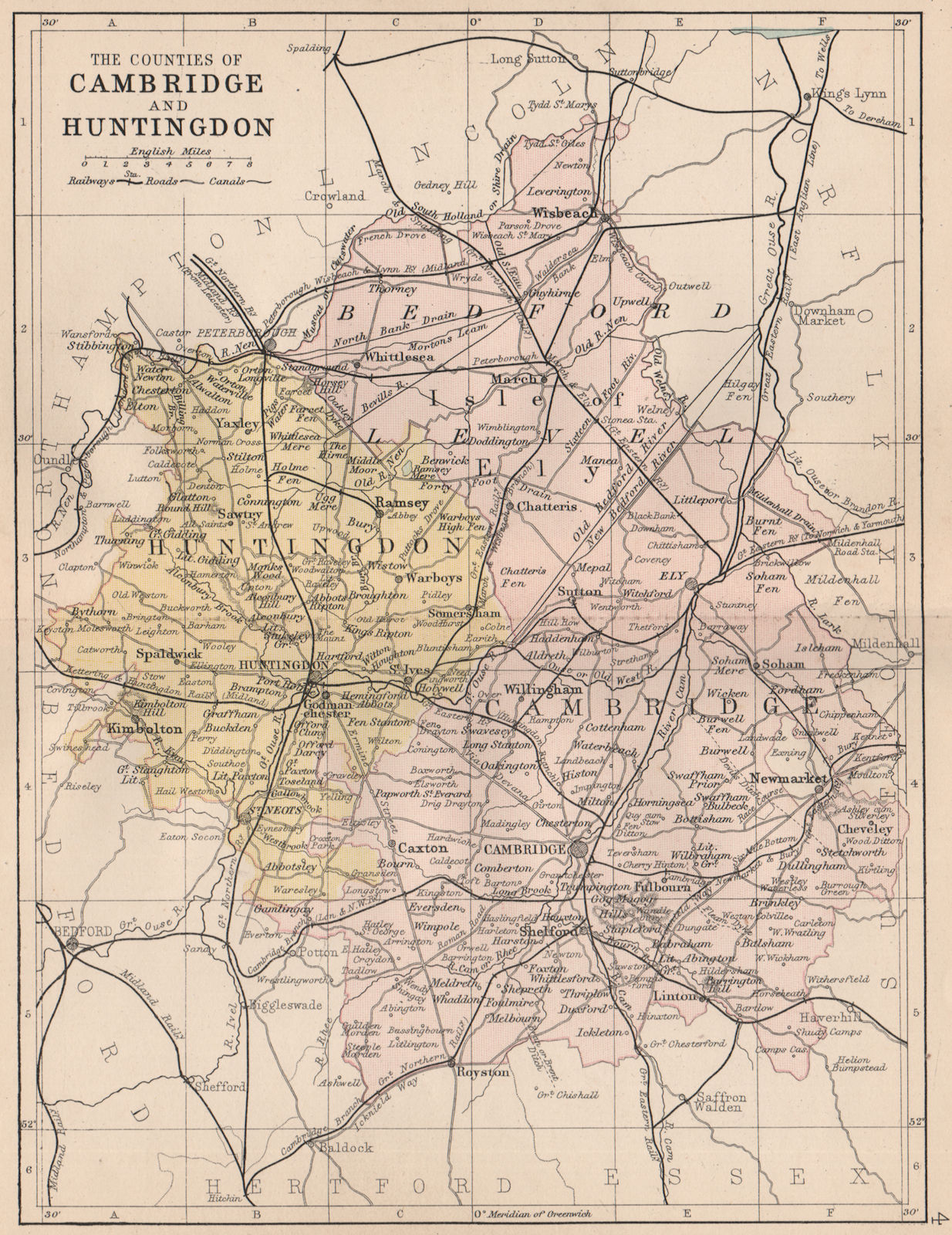 CAMBRIDGESHIRE & HUNTINGDONSHIRE. Antique county map. Railways. PHILIP 1882