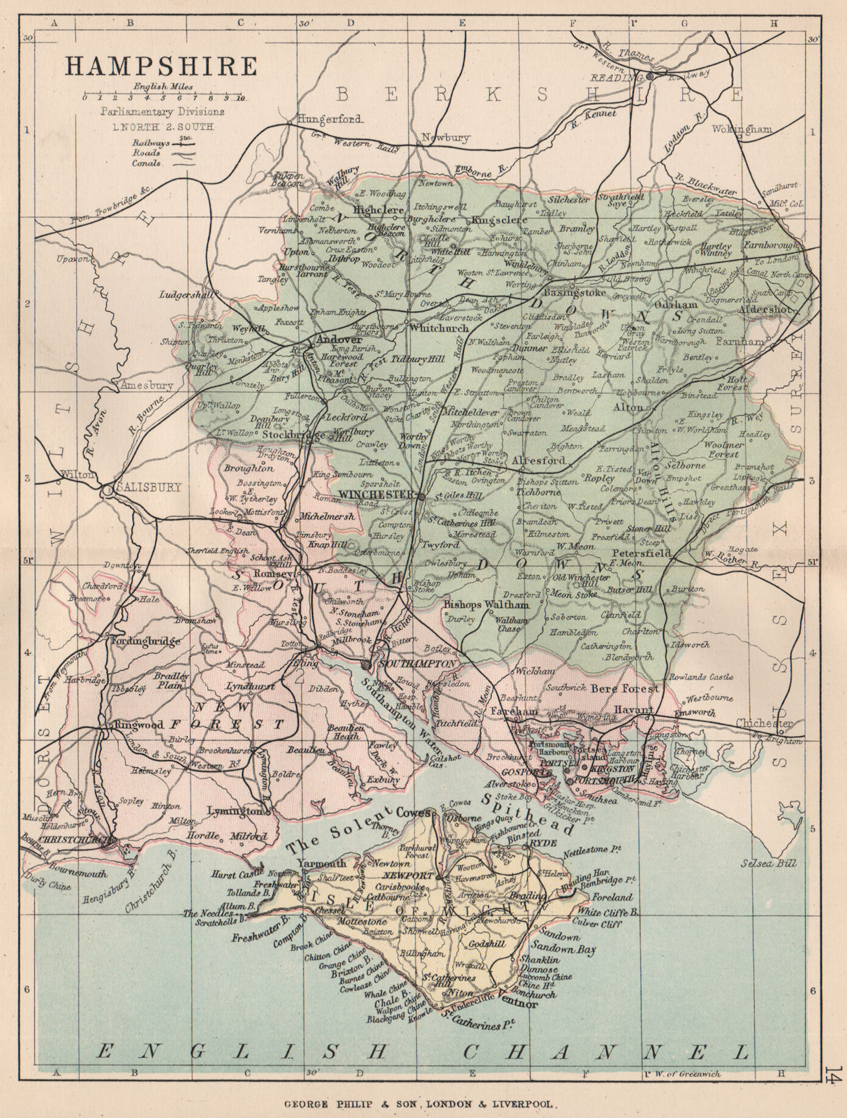 HAMPSHIRE. Antique county map. Railways roads canals constituencies. PHILIP 1882