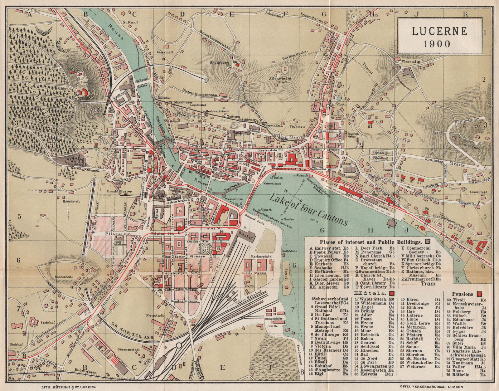 LUCERNE 1900. Antique town plan. Switzerland. Luzern. THOMAS COOK 1900 old map