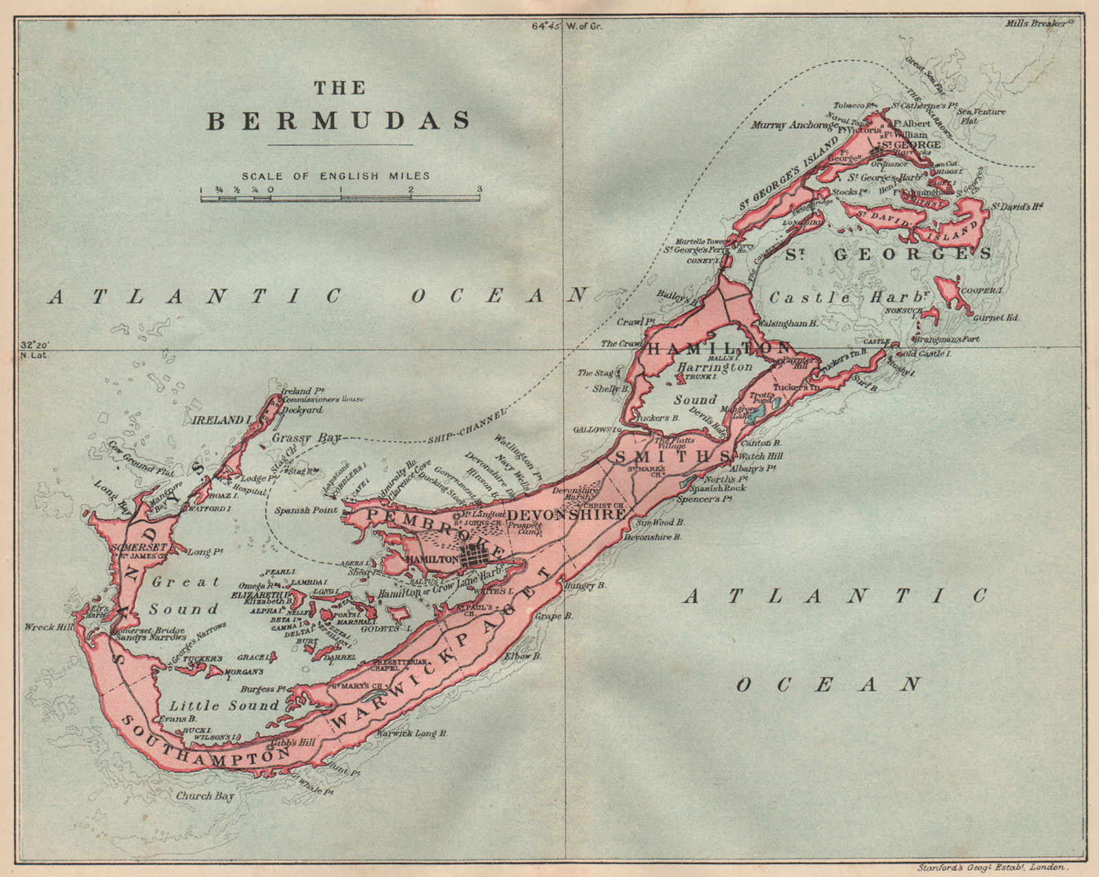 THE BERMUDAS. Vintage map. Bermuda 1914 old antique plan chart