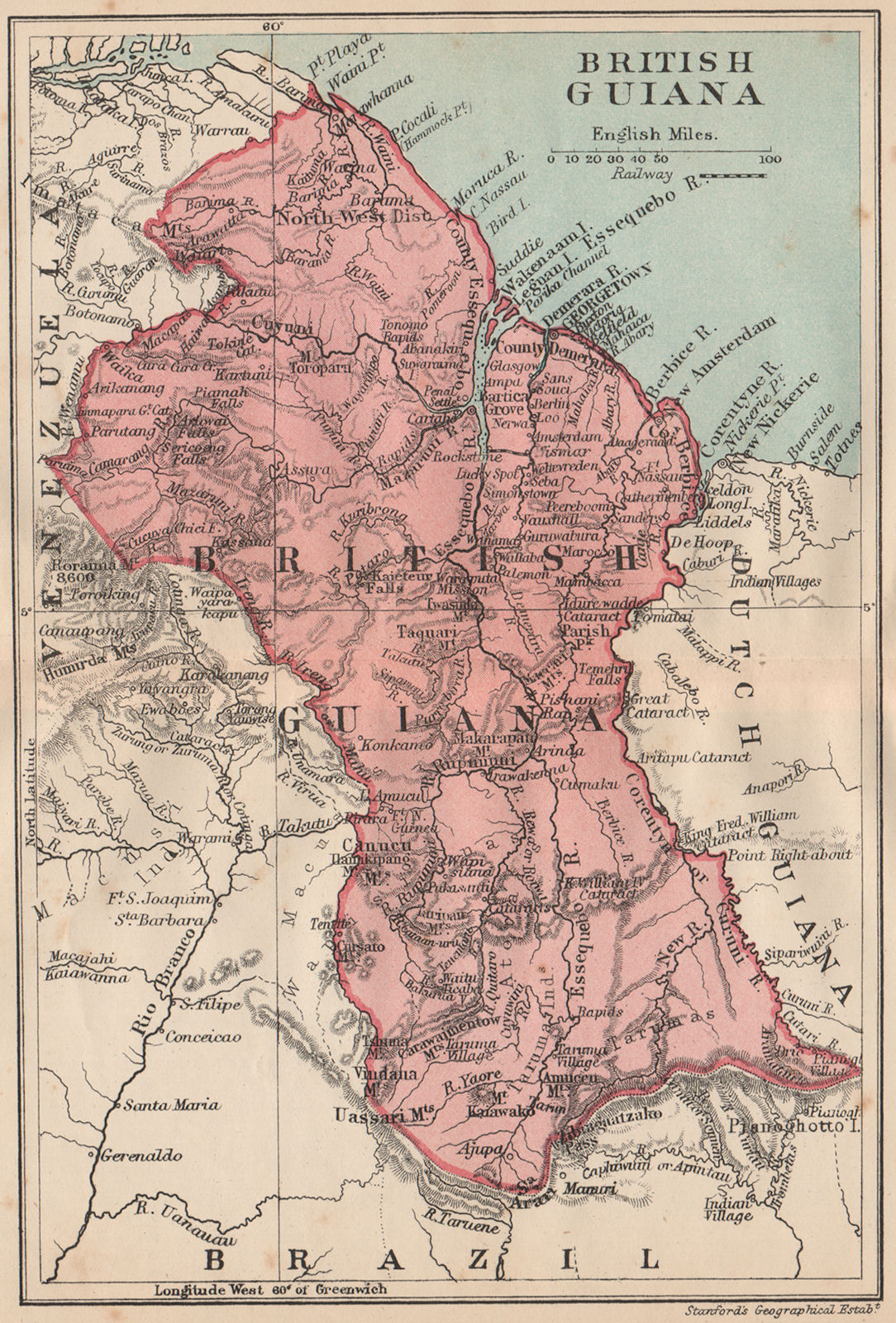 BRITISH GUIANA (GUYANA) . Vintage map. Guyana. Caribbean 1914 old antique