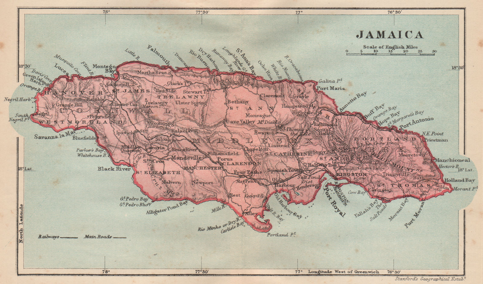 JAMAICA. Vintage map. West Indies. Caribbean 1914 old antique plan chart