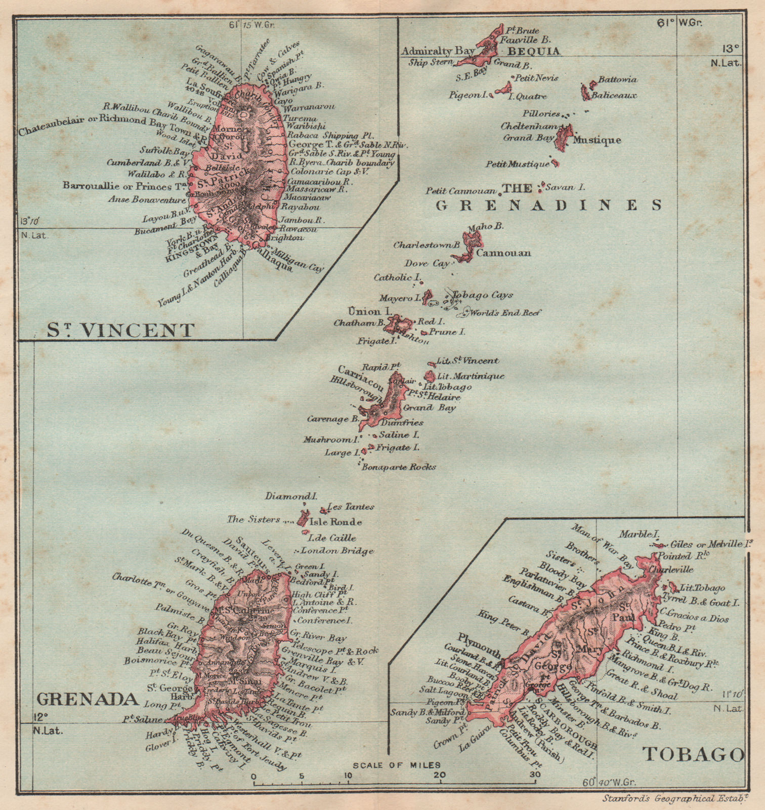 GRENADINES. Grenada & St Vincent. Also Tobago. West Indies vintage map 1914