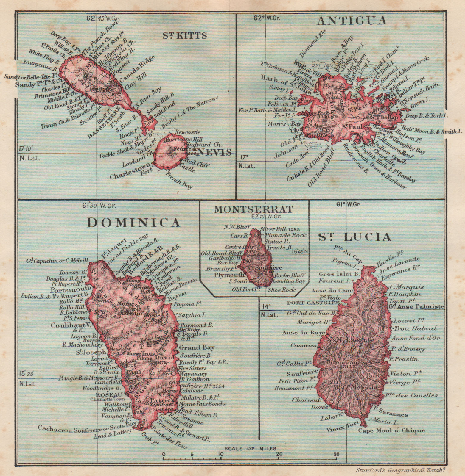 Associate Product WEST INDIES. Dominica St Kitts Antigua St Lucia Montserrat 1914 old map