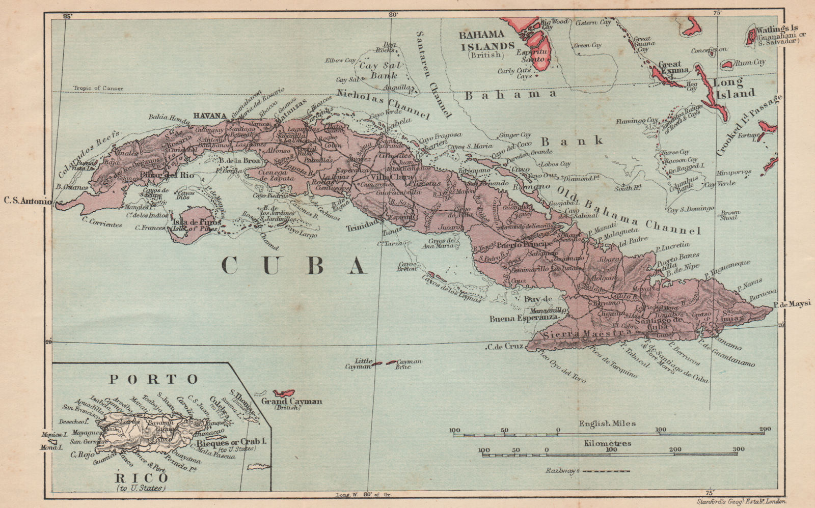 Associate Product CUBA. Vintage map. Inset Puerto Rico. West Indies. Caribbean 1914 old