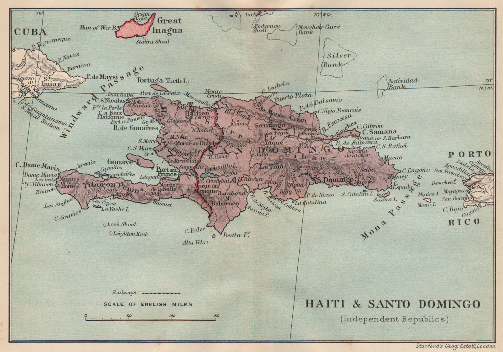 HISPANIOLA. Haiti & Santo Domingo (Dominican Republic) Vintage map 1914