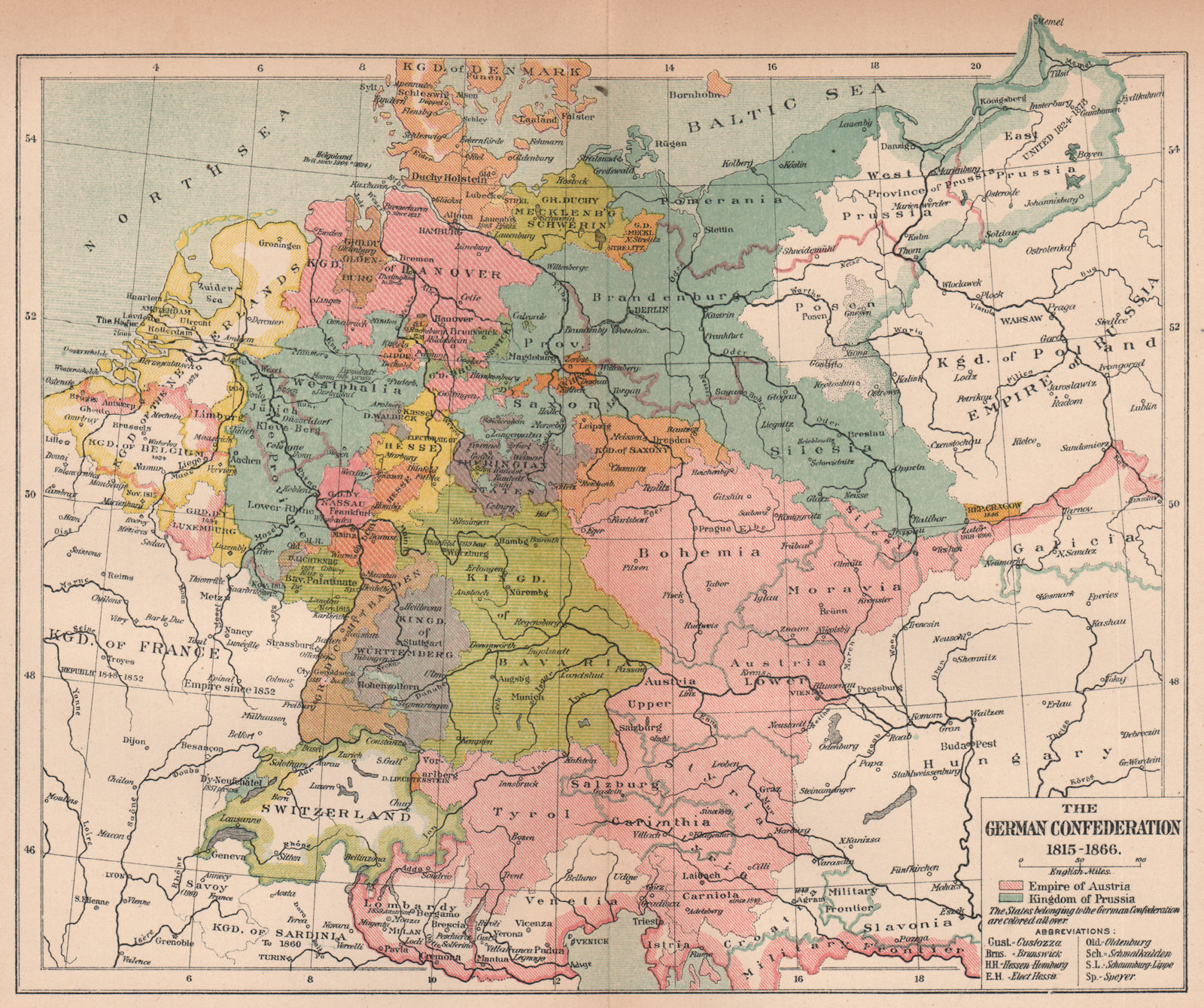 Associate Product GERMAN CONFEDERATION 1815-1866. Empire of Austria. Kingdom of Prussia 1910 map