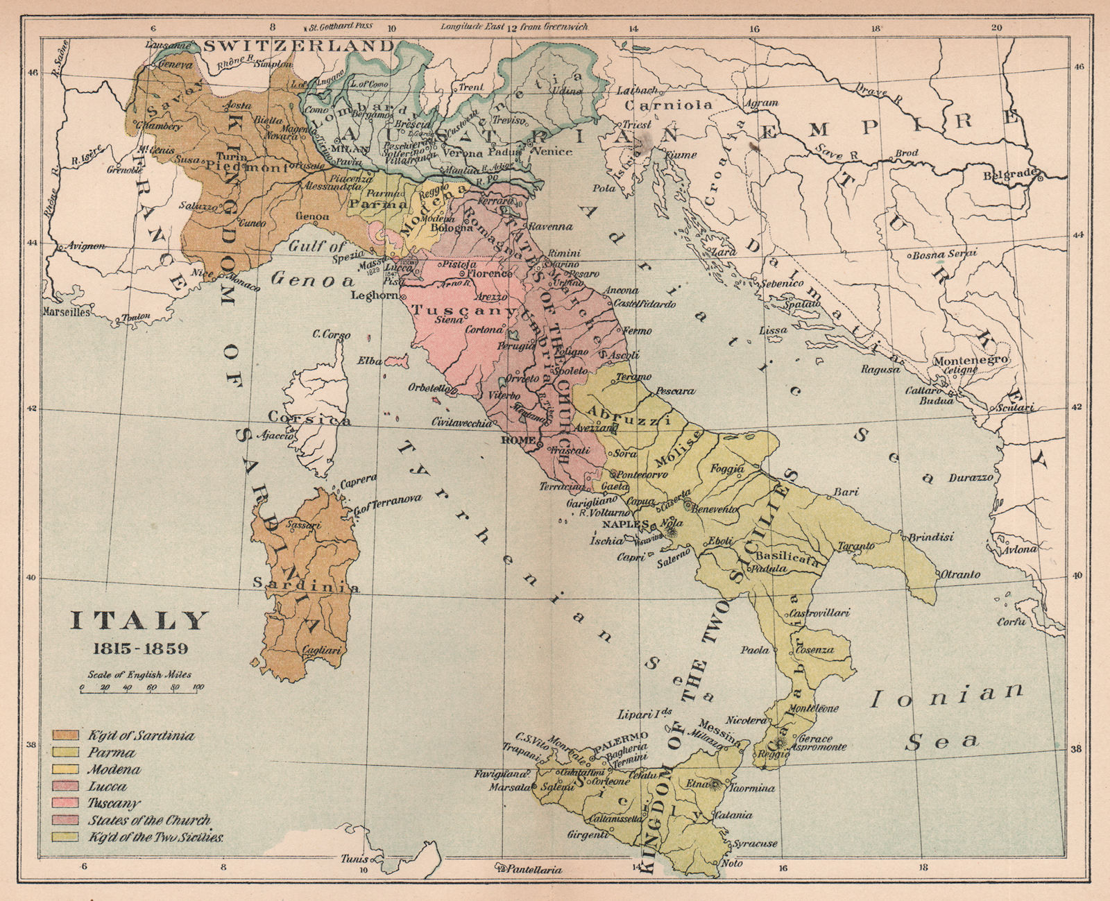 Associate Product ITALY 1815-1859. Sardinia Parma Two Sicilies Tuscany Papal States Lucca 1910 map