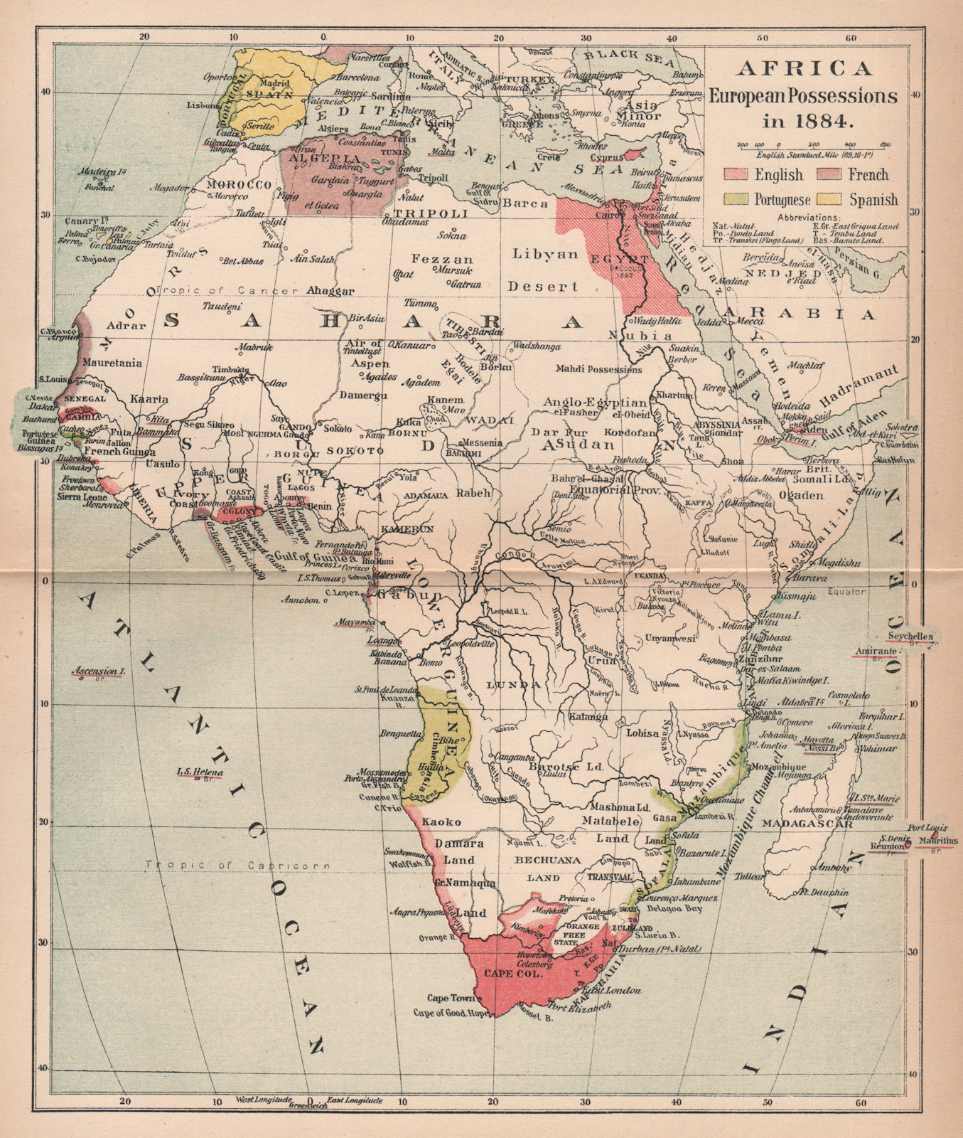 AFRICA 1884. European possessions colonies. English French Portuguese 1910 map