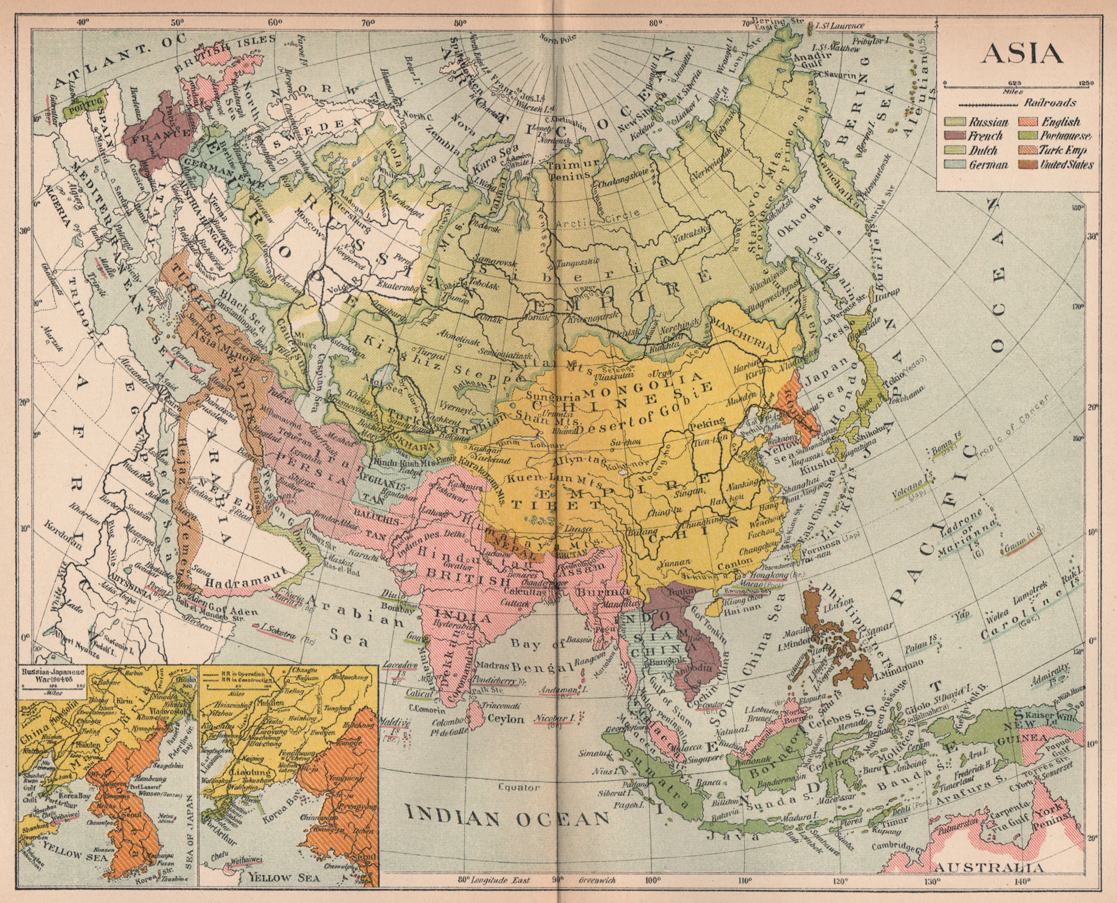 Associate Product COLONIAL ASIA. East Indies &c. Inset Russian-Japanese War 1904/05 1910 old map