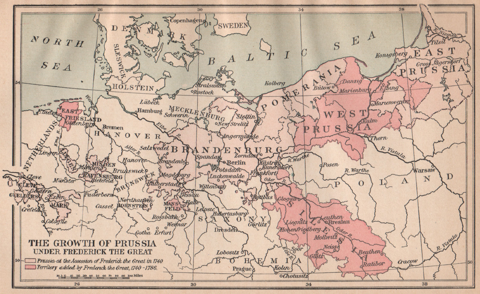 GROWTH OF PRUSSIA 1740-86. Territories added under Frederick the Great 1917 map