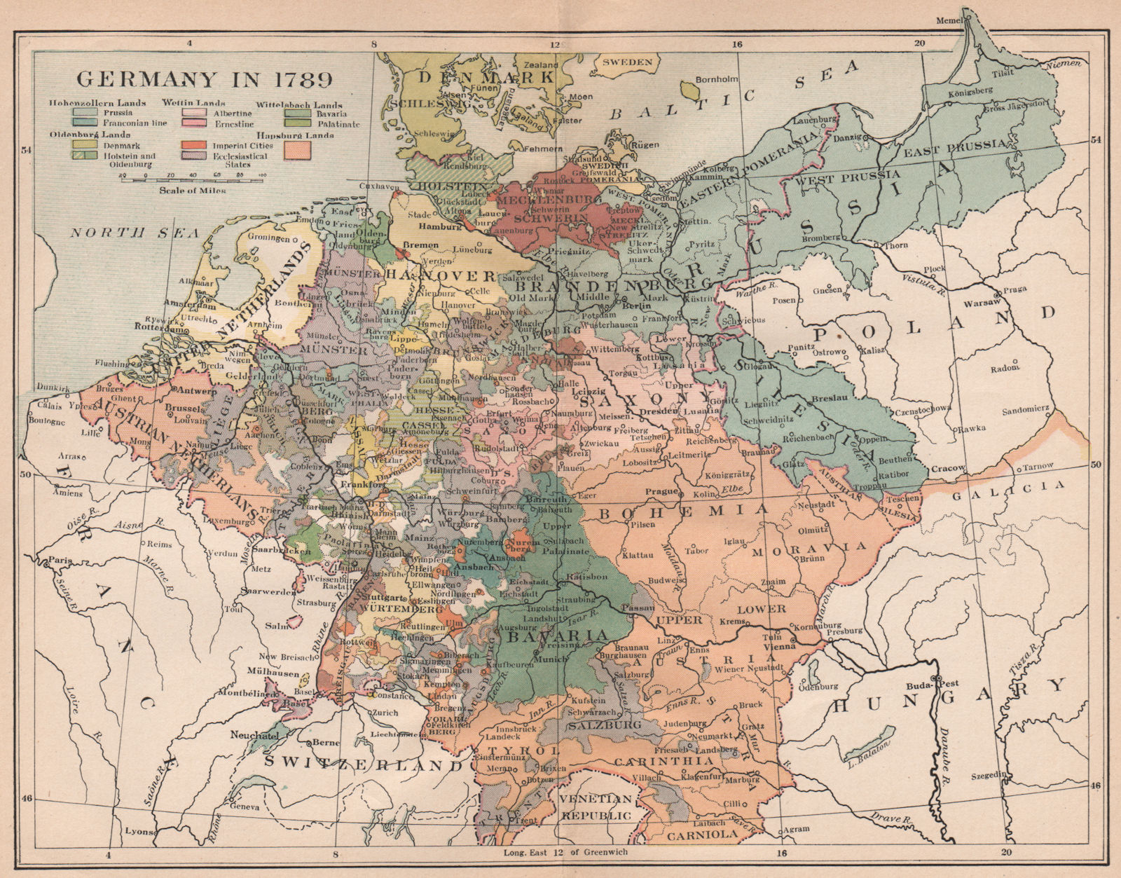 GERMANY IN 1789. Hohenzollern Oldenburg Wettin Hapsburg Wittelsbach 1917 map