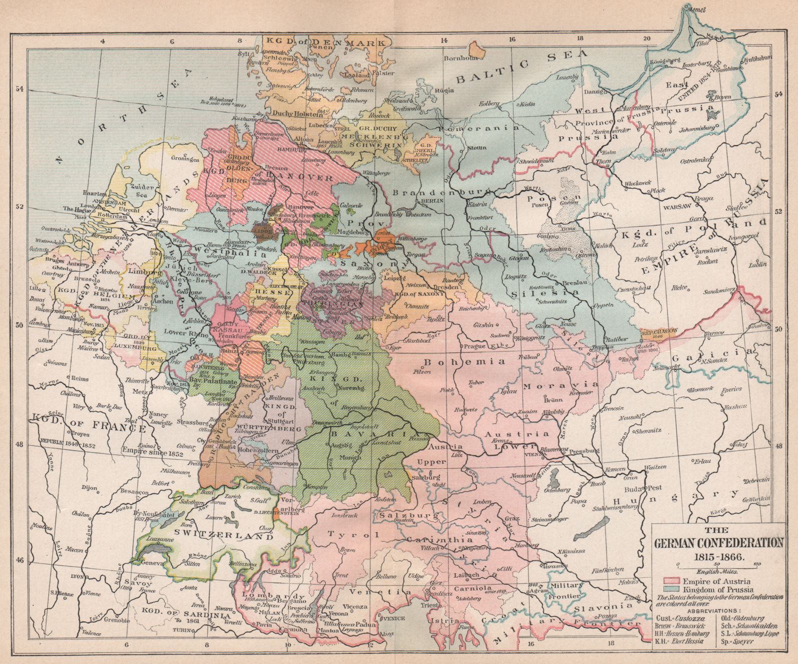 GERMAN CONFEDERATION 1815-1866. Empire of Austria. Kingdom of Prussia 1917 map