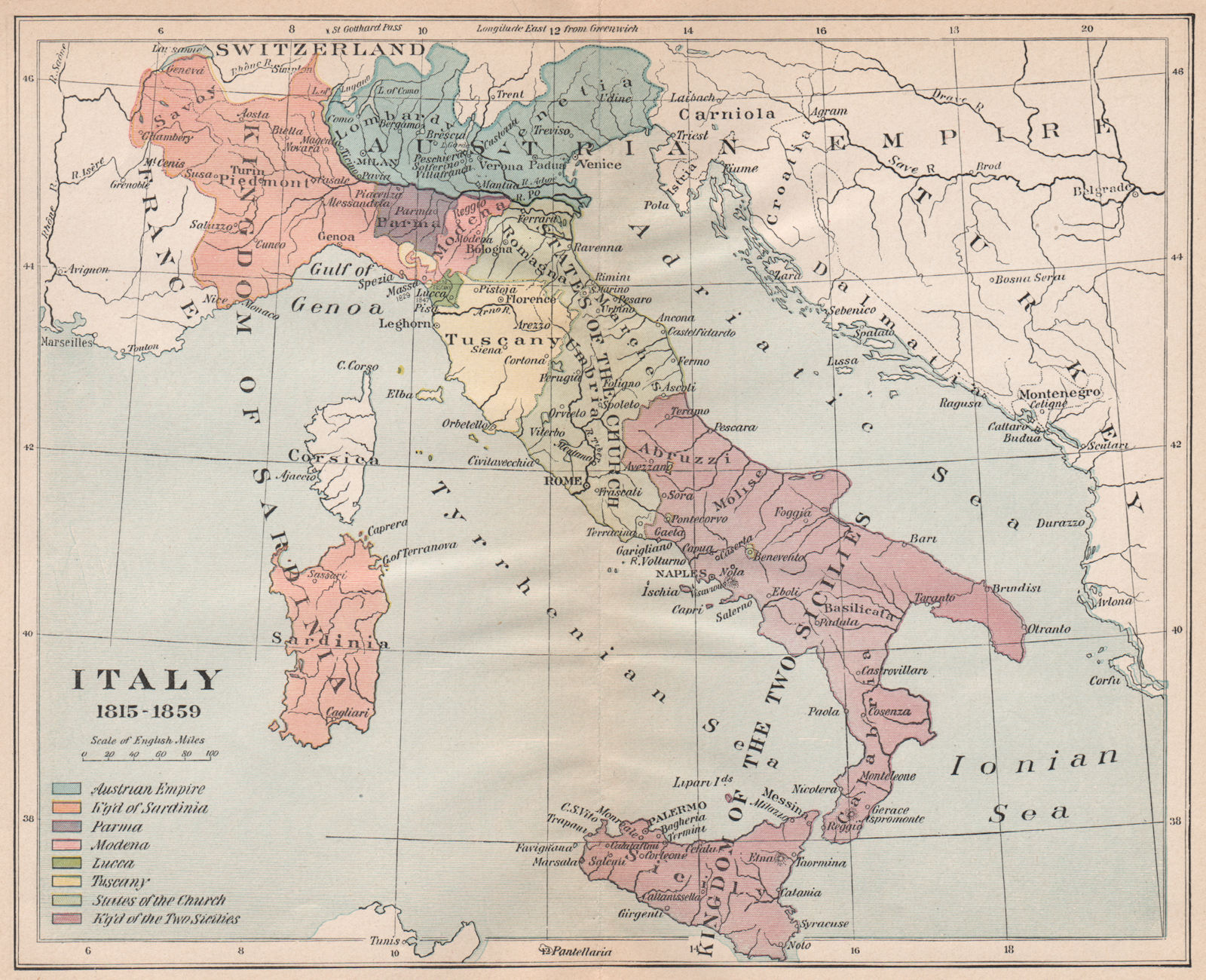 ITALY 1815-1859. Sardinia Parma Two Sicilies Tuscany Papal States Lucca 1917 map
