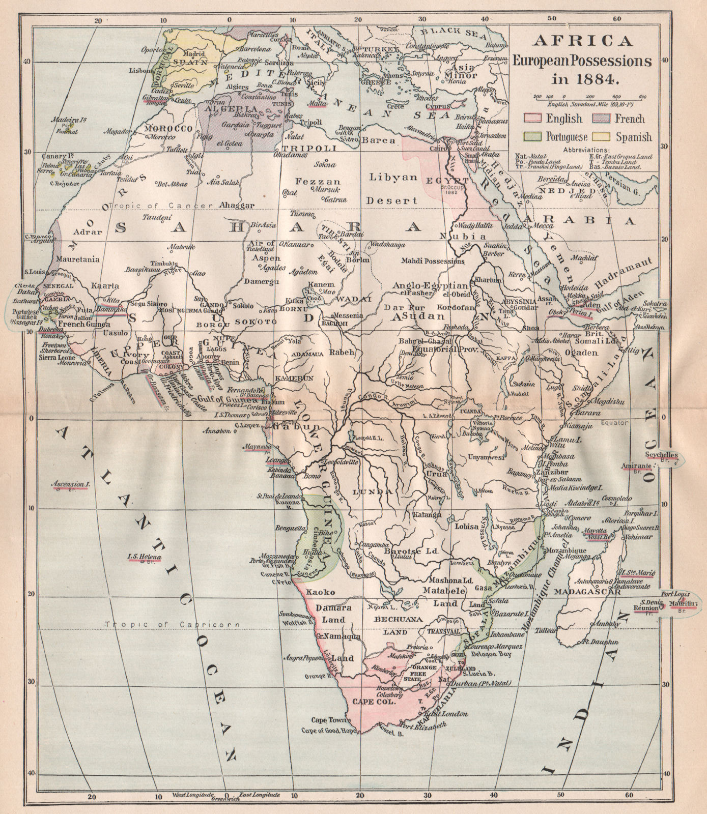 AFRICA 1884. European possessions colonies. English French Portuguese 1917 map