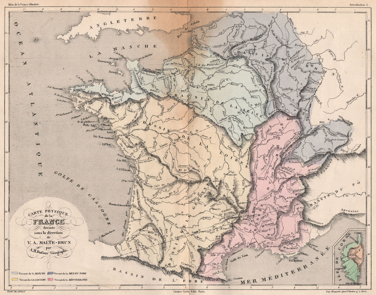 FRANCE WATERSHEDS Bassins versant.Vines olives maize limits.MALTE-BRUN 1852 map