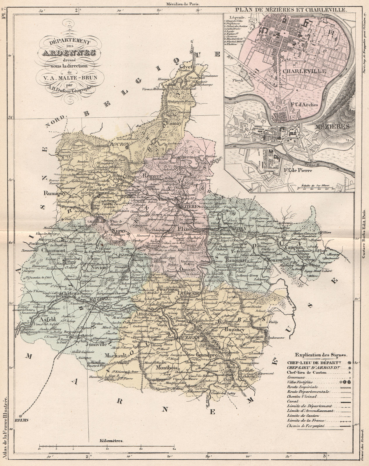 Associate Product ARDENNES.Carte du département.Plan de Charleville-Mézières.MALTE-BRUN 1852 map