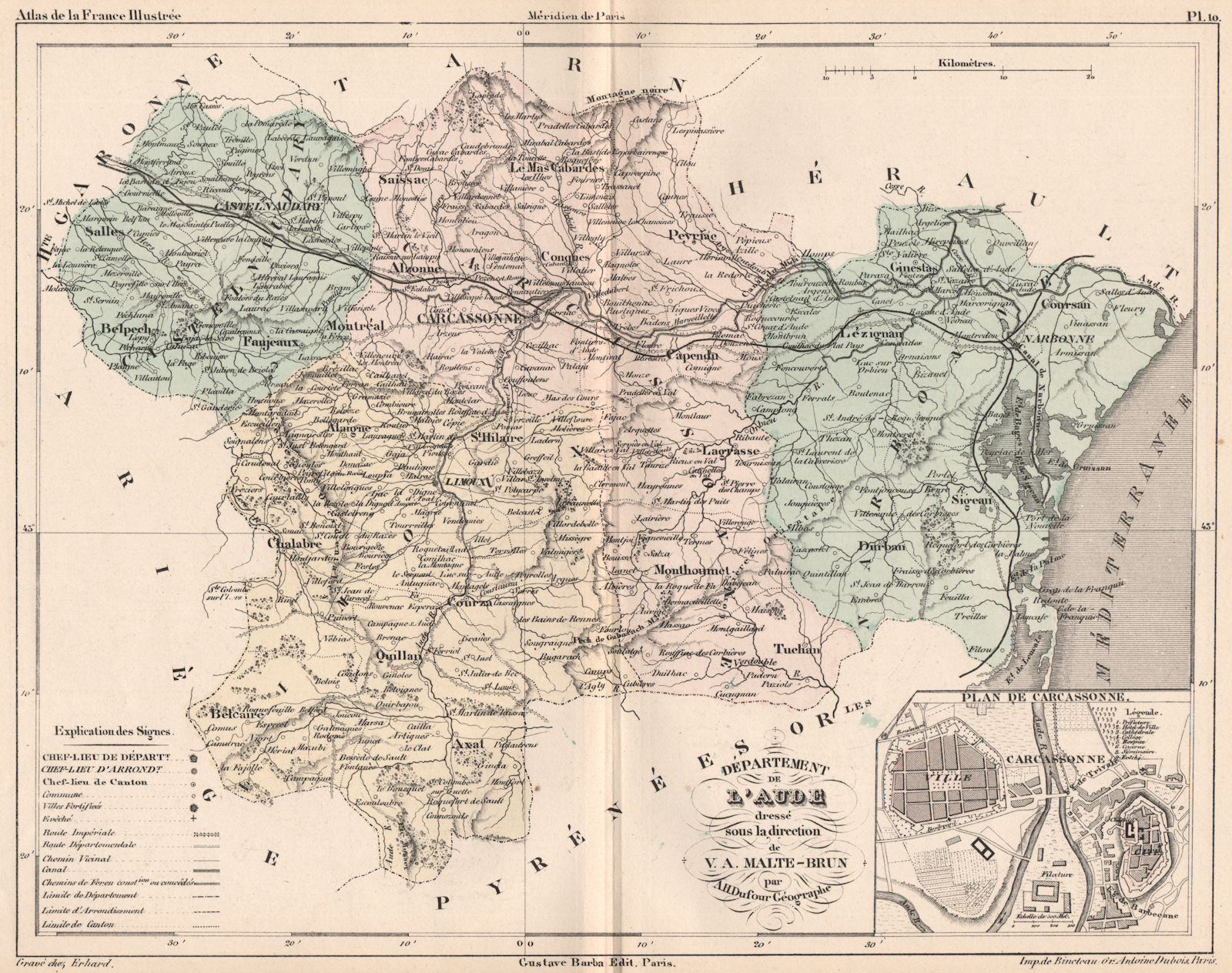 Associate Product AUDE. Carte du département. Plan de Carcassonne. MALTE-BRUN 1852 old map