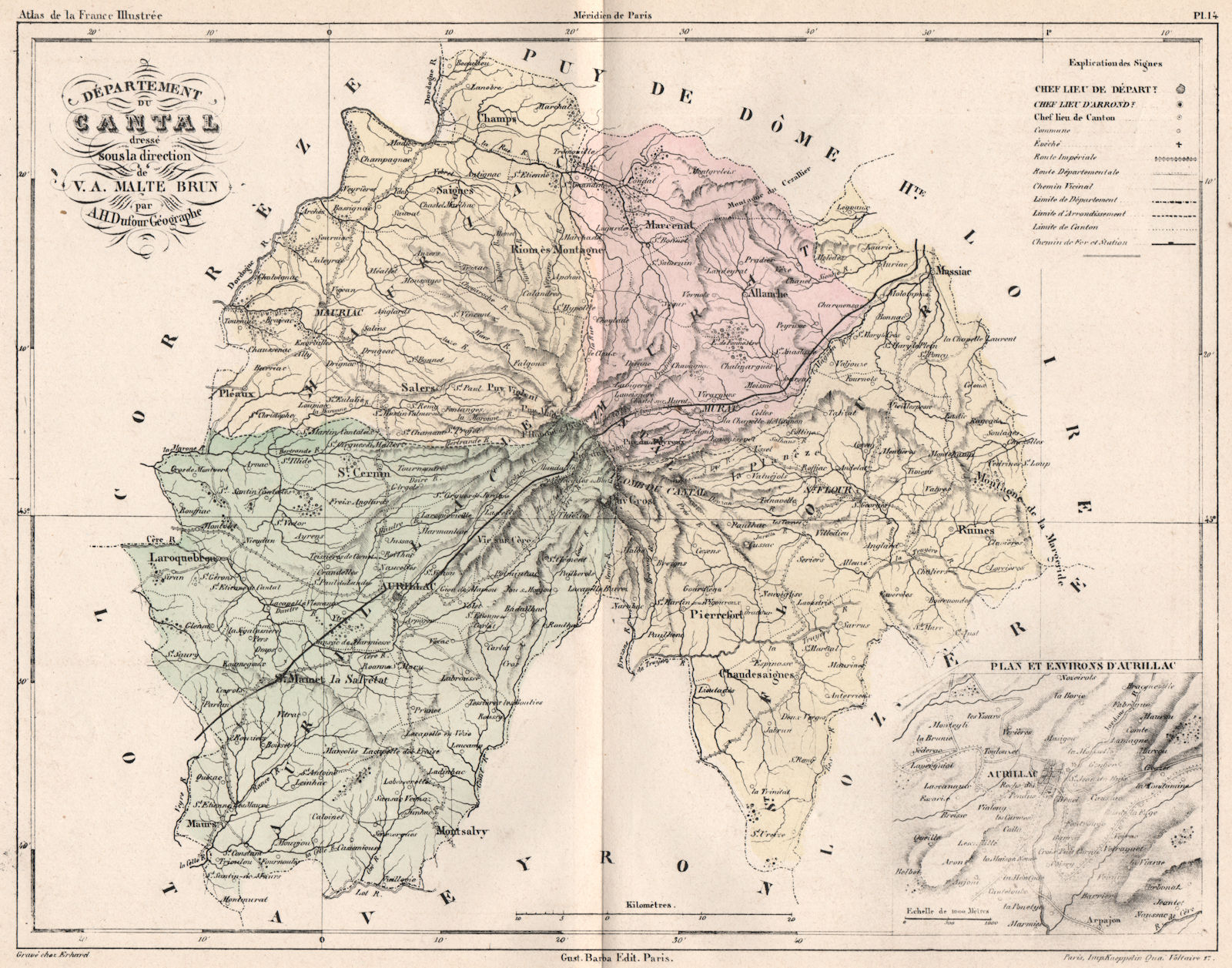 CANTAL. Carte du département. Plan et Environs d'Aurillac. MALTE-BRUN 1852 map