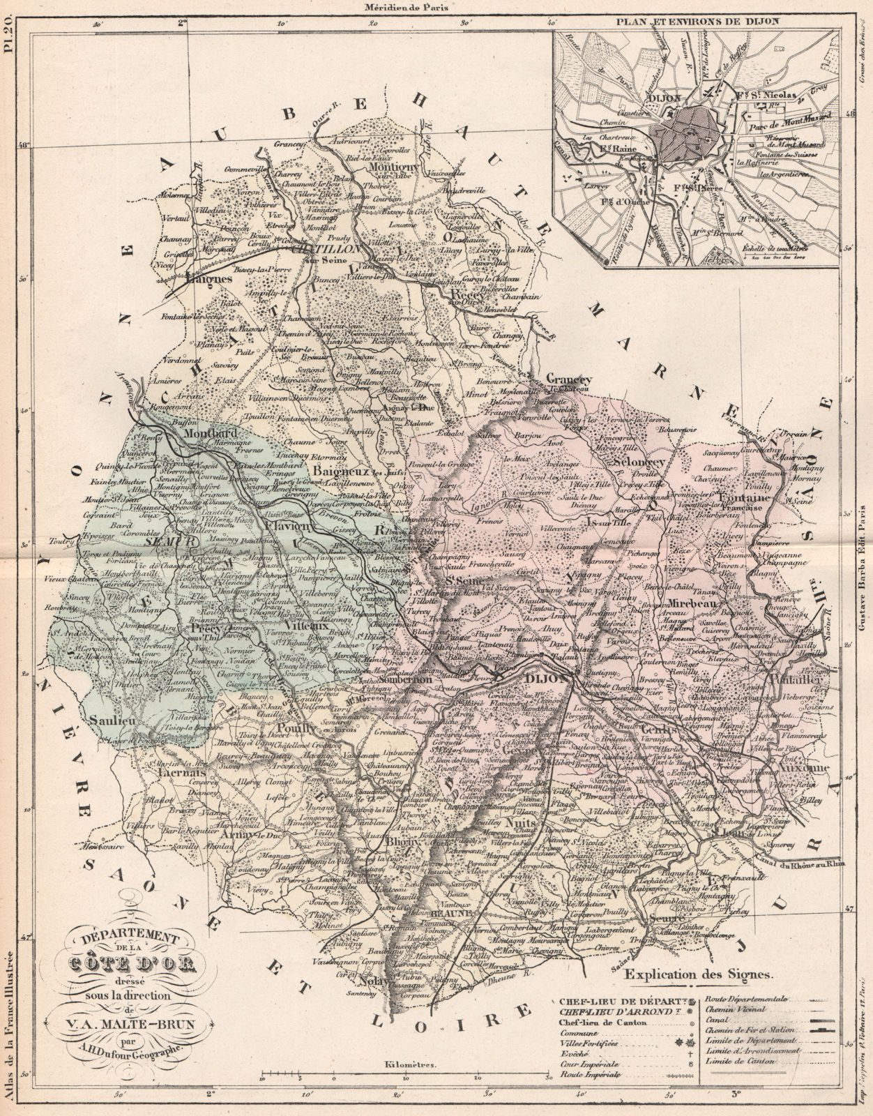 Associate Product CÔTE-D'OR. Carte du département. Cote d'Or. Plan de Dijon. MALTE-BRUN 1852 map