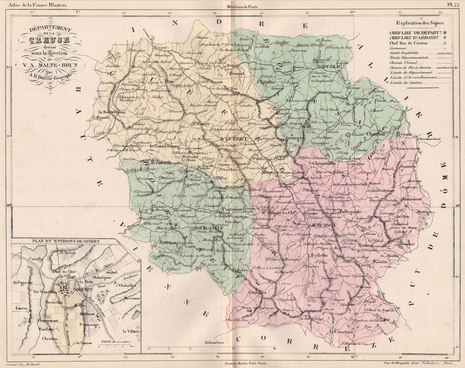 Associate Product CREUSE. Carte du département. Plan et Environs de Guéret. MALTE-BRUN 1852 map