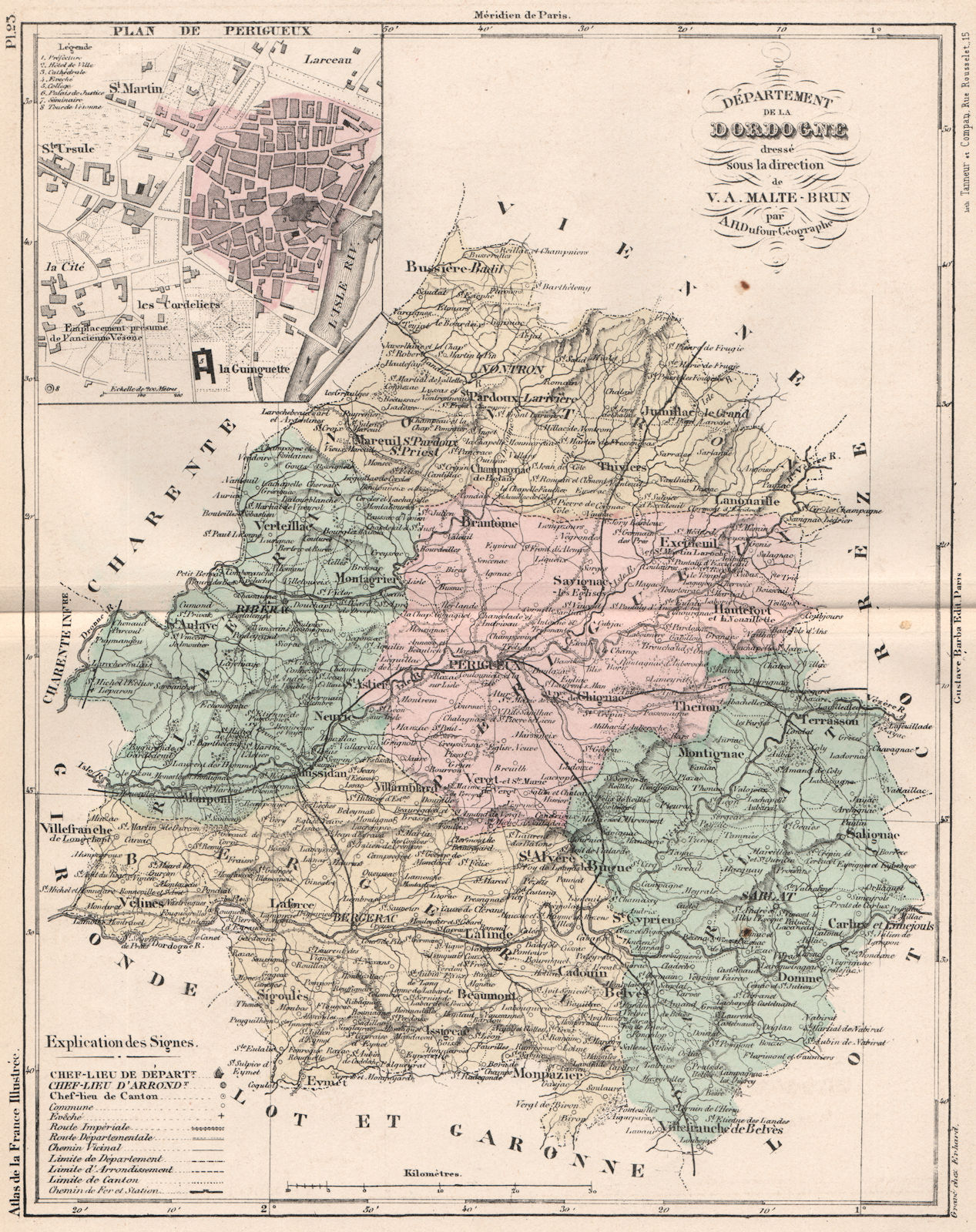 DORDOGNE. Carte du département. Plan de Périgueux. MALTE-BRUN 1852 old map