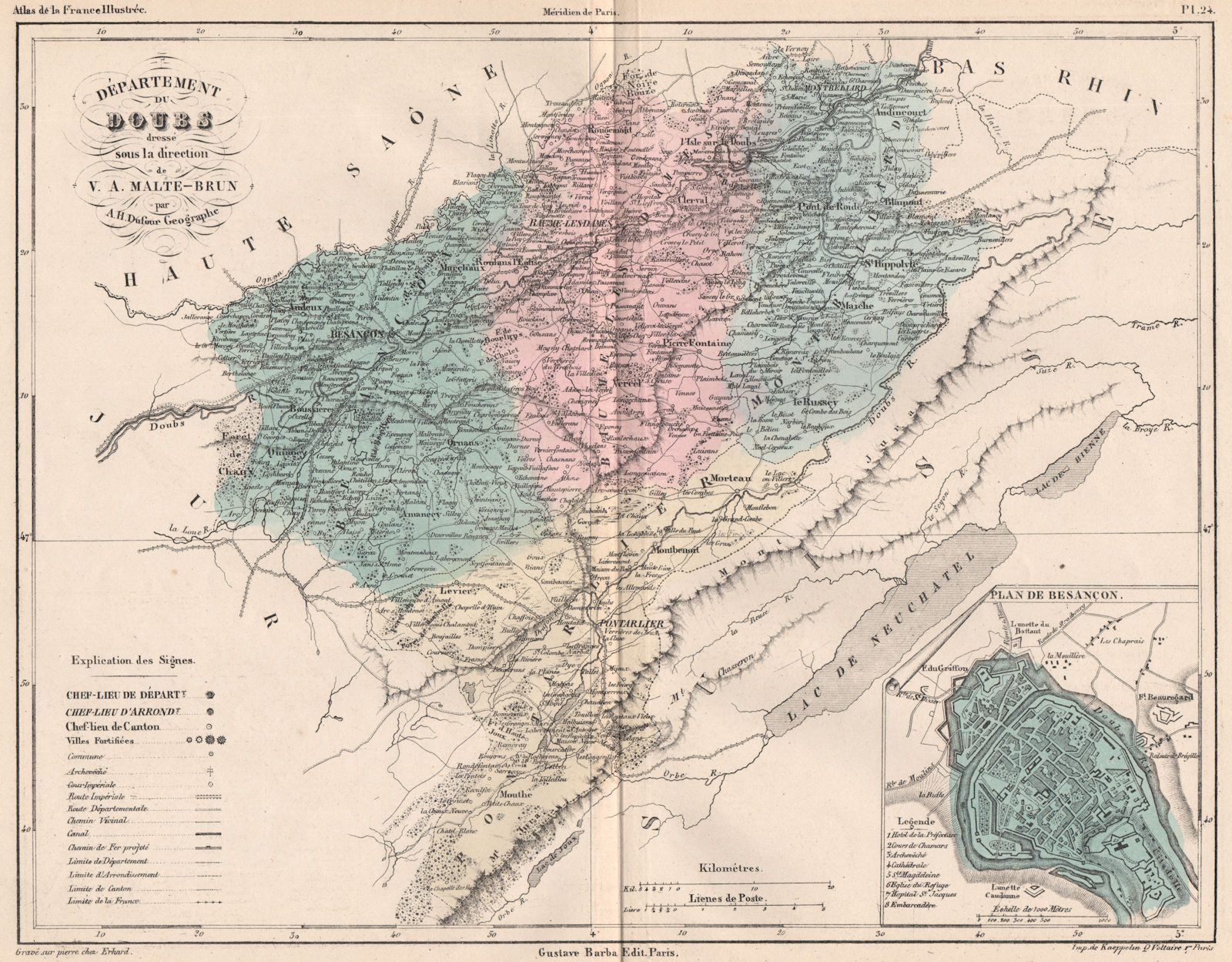 Associate Product DOUBS. Carte du département. Plan de Besancon. MALTE-BRUN 1852 old antique map