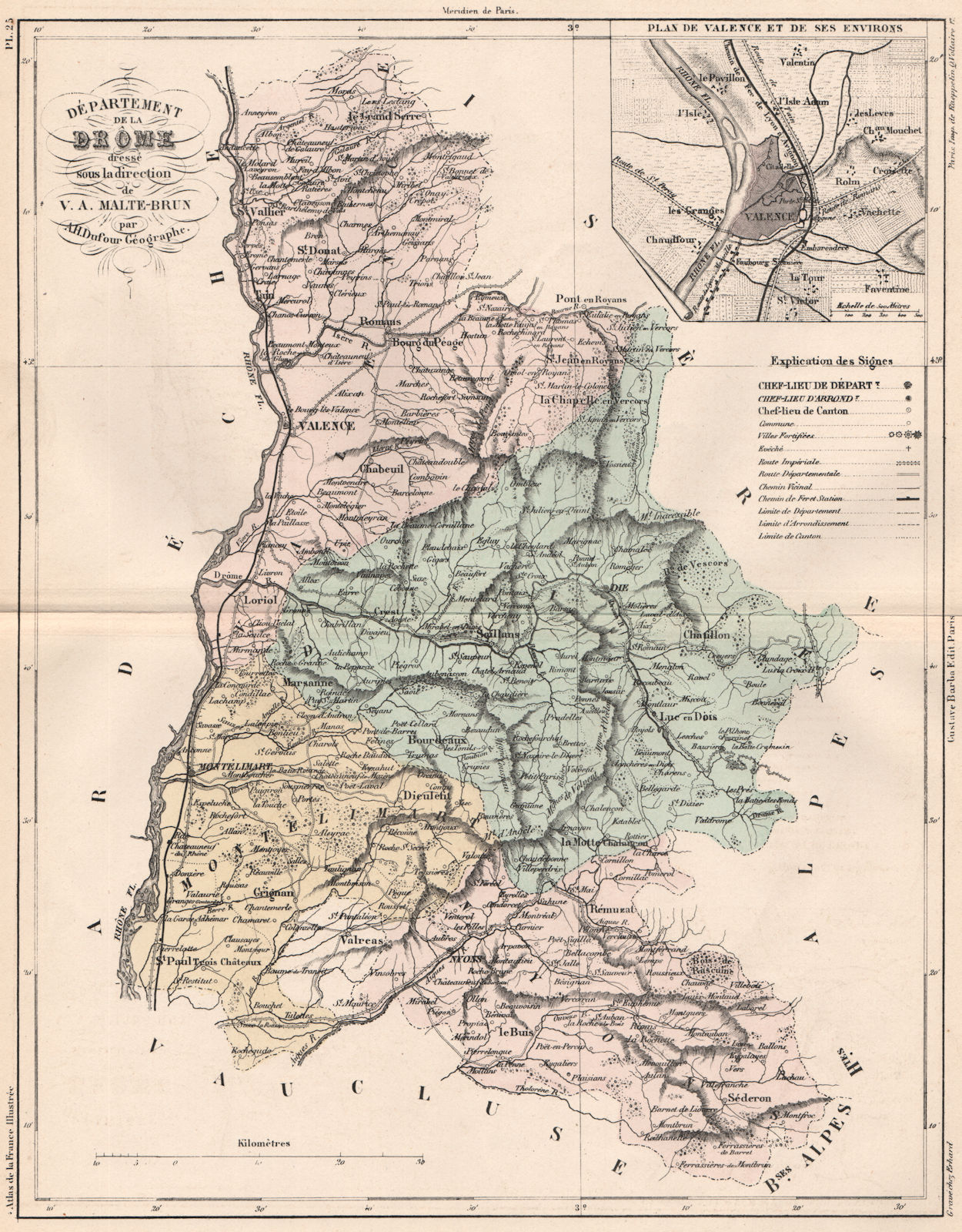 Associate Product DRÔME.Carte du département.Drome.Plan de Valence & environs.MALTE-BRUN 1852 map