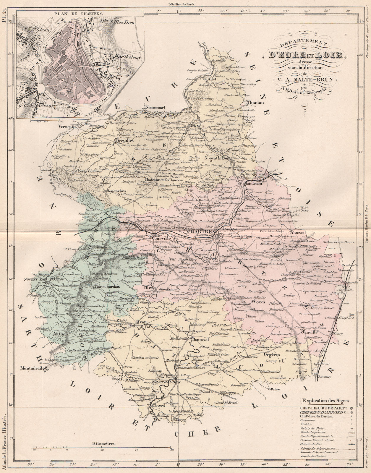 EURE-ET-LOIR. Carte du département. Plan de Charters. MALTE-BRUN 1852 old map