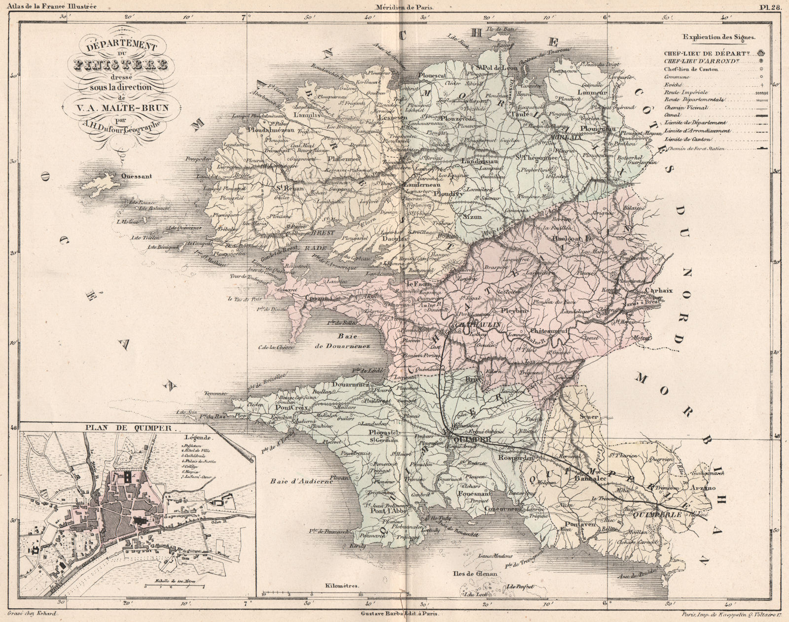 FINISTÈRE. Carte du département. Finistere. Plan de Quimper.MALTE-BRUN 1852 map