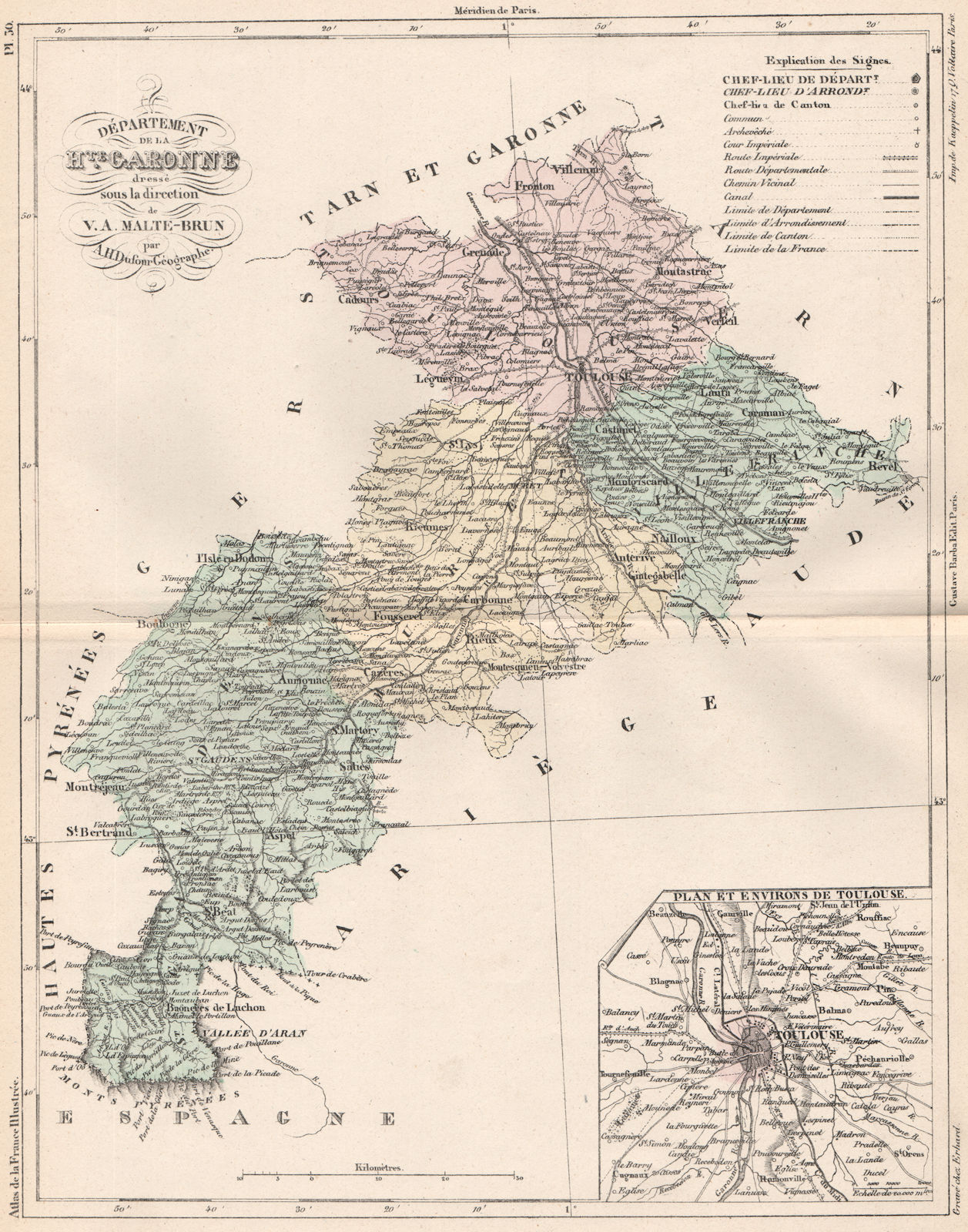 HAUTE-GARONNE. Carte du département. Plan de Toulouse. MALTE-BRUN 1852 old map