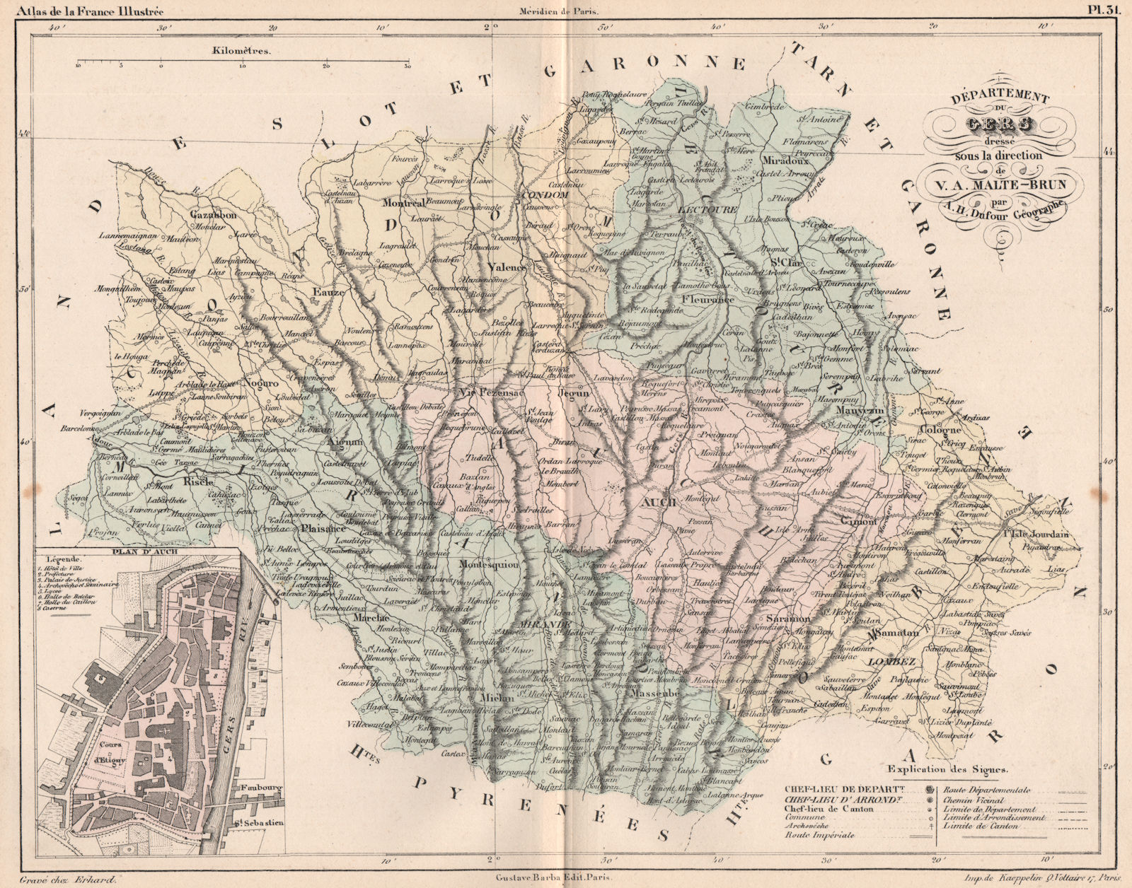 Associate Product GERS. Carte du département. Plan d'Auch. MALTE-BRUN 1852 old antique map chart