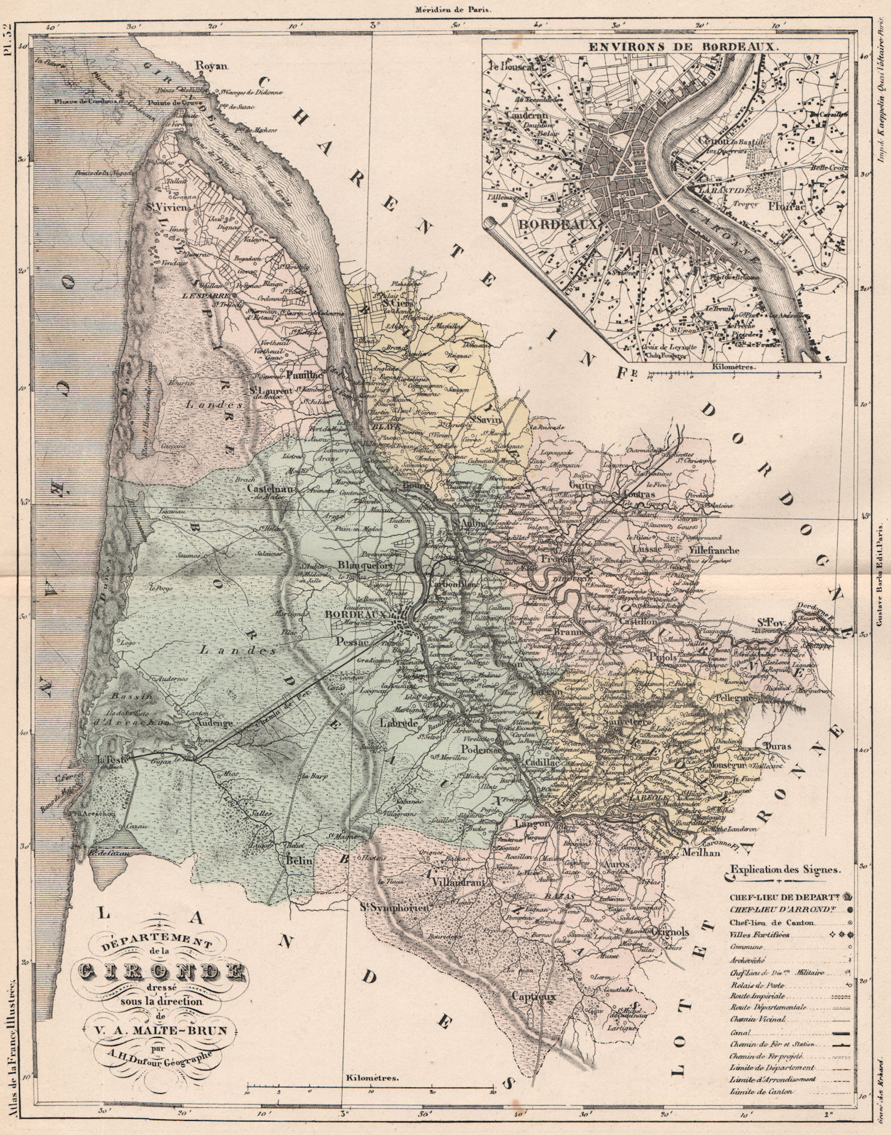 GIRONDE. Carte du département. Environs de Bordeaux. MALTE-BRUN 1852 old map