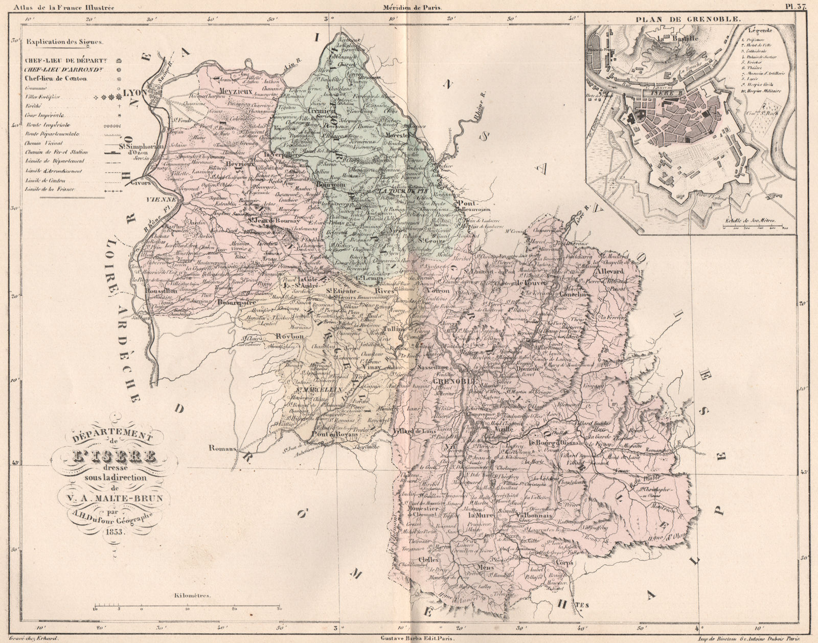 ISÈRE. Carte du département. Isere. Plan de Grenoble. MALTE-BRUN 1852 old map