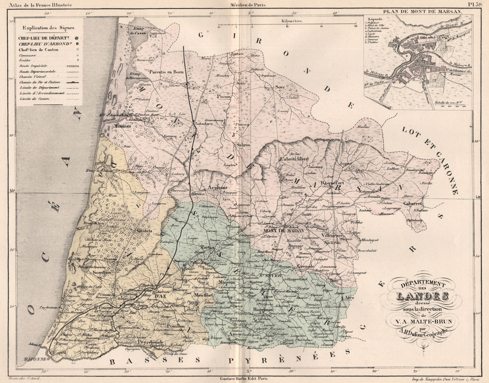 Associate Product LANDES. Carte du département. Plan de Mont de Marsan. MALTE-BRUN 1852 old map