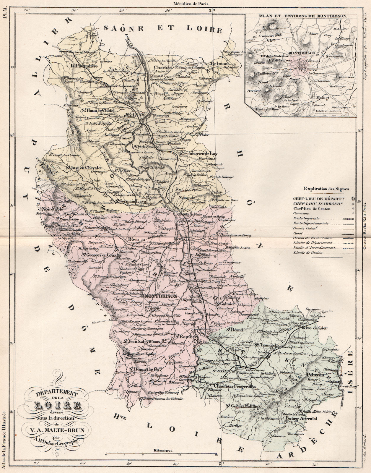 Associate Product LOIRE. Carte du département. Plan et Environs de Montbrison.MALTE-BRUN 1852 map
