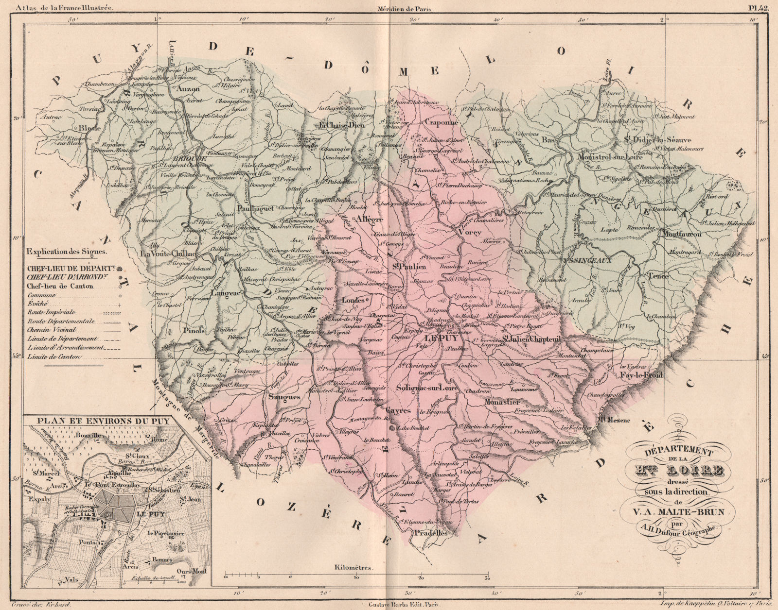 Associate Product HAUTE-LOIRE. Carte du département. Plan et Environs Du Puy. MALTE-BRUN 1852 map