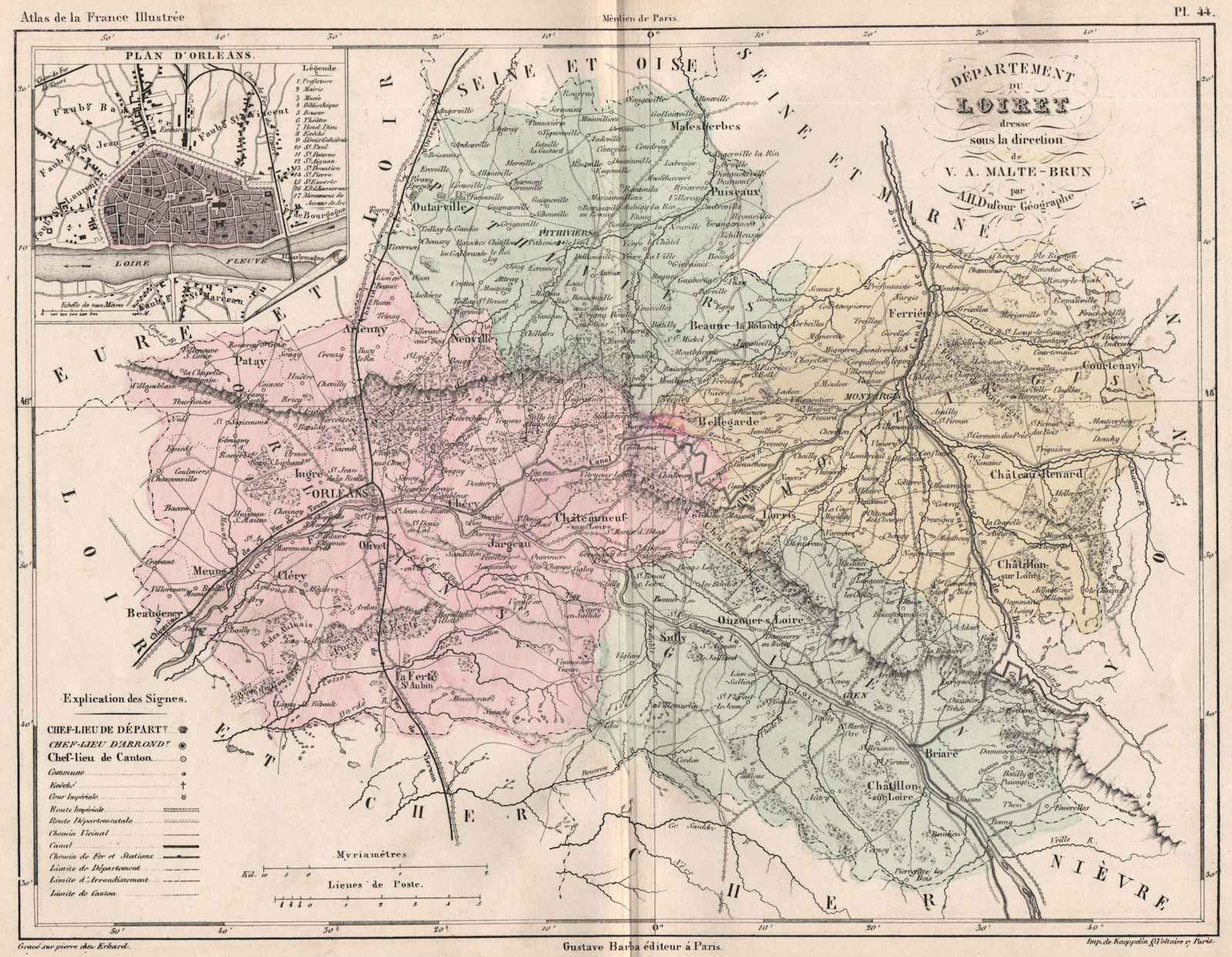LOIRET. Carte du département. Plan d'Orleans. MALTE-BRUN 1852 old antique map