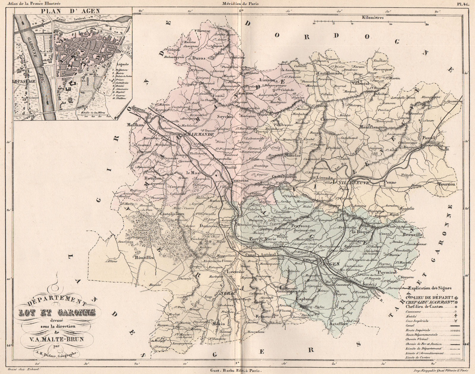 LOT-ET-GARONNE. Carte du département. Plan d'Agen. MALTE-BRUN 1852 old map