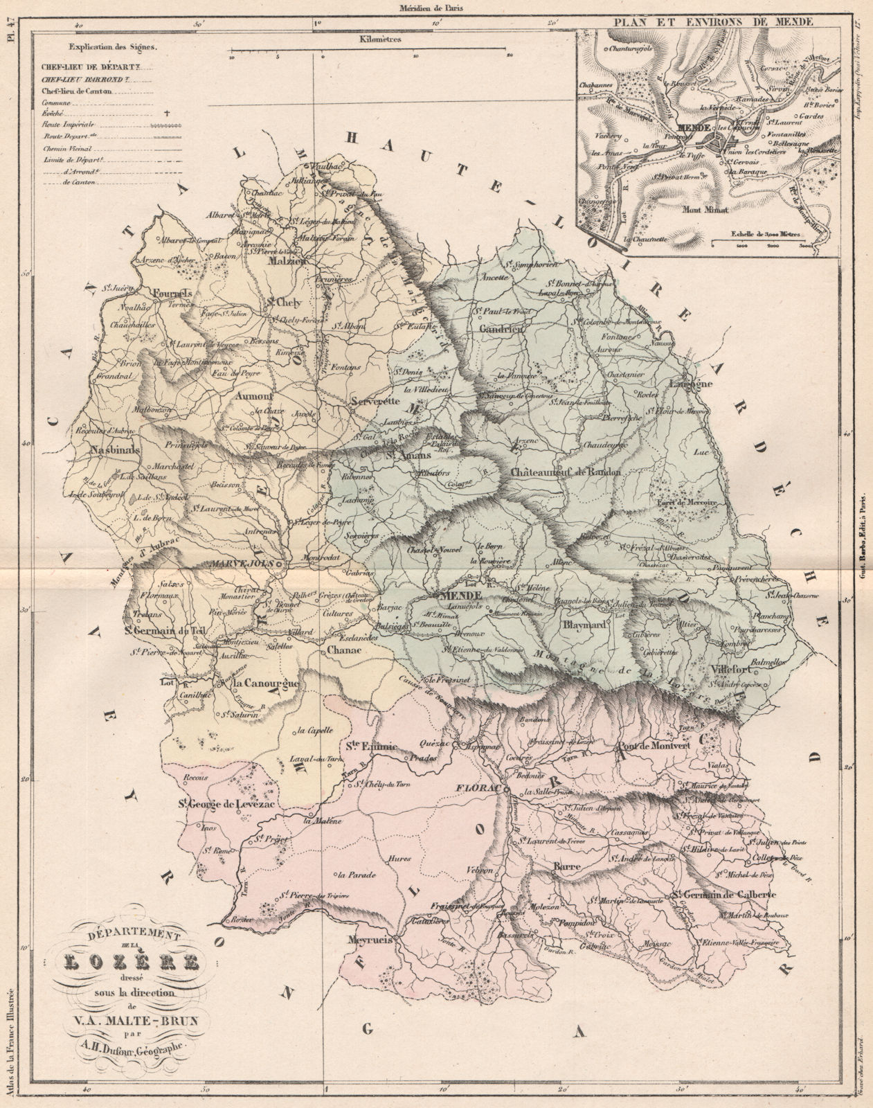 Associate Product LOZÈRE. Carte du département. Lozere. Plan de Mende. MALTE-BRUN 1852 old map