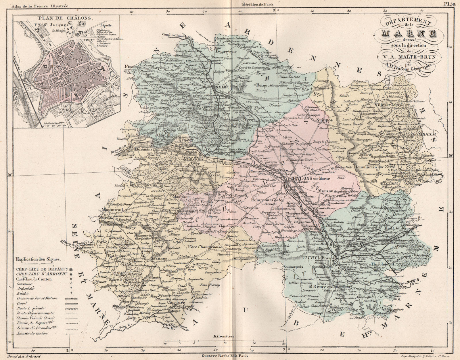 Associate Product MARNE. Carte du département. Plan de Châlons. MALTE-BRUN 1852 old antique map