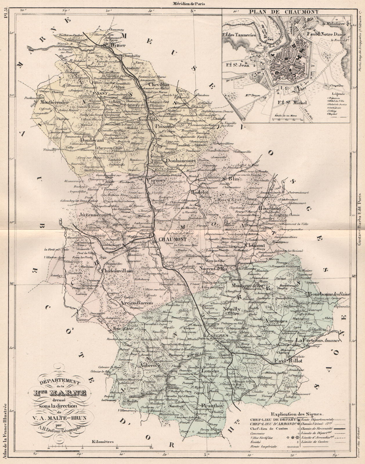 Associate Product HAUTE-MARNE. Carte du département. Plan de Chaumont. MALTE-BRUN 1852 old map