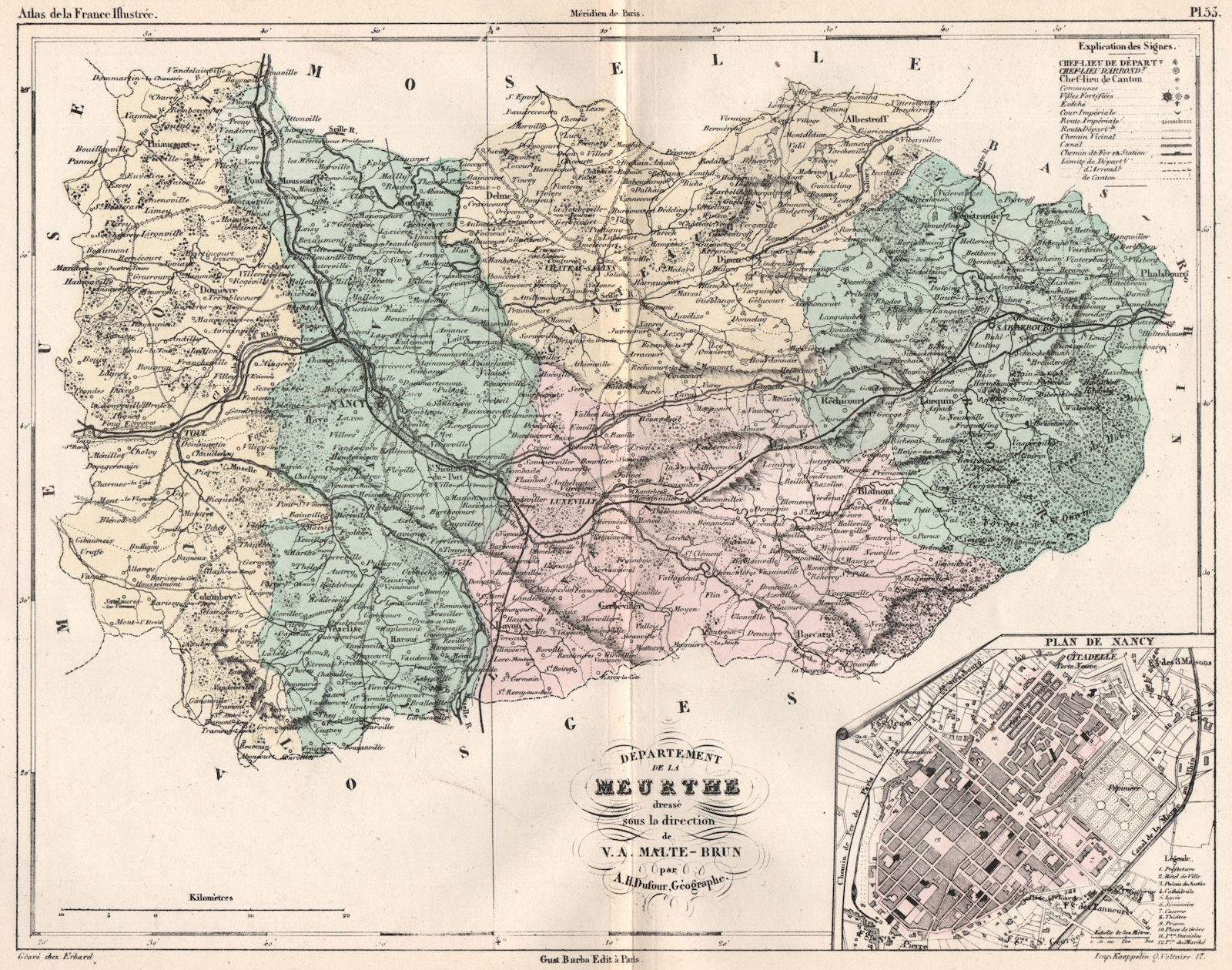 MEURTHE. Carte du département. Plan de Nancy. MALTE-BRUN 1852 old antique map