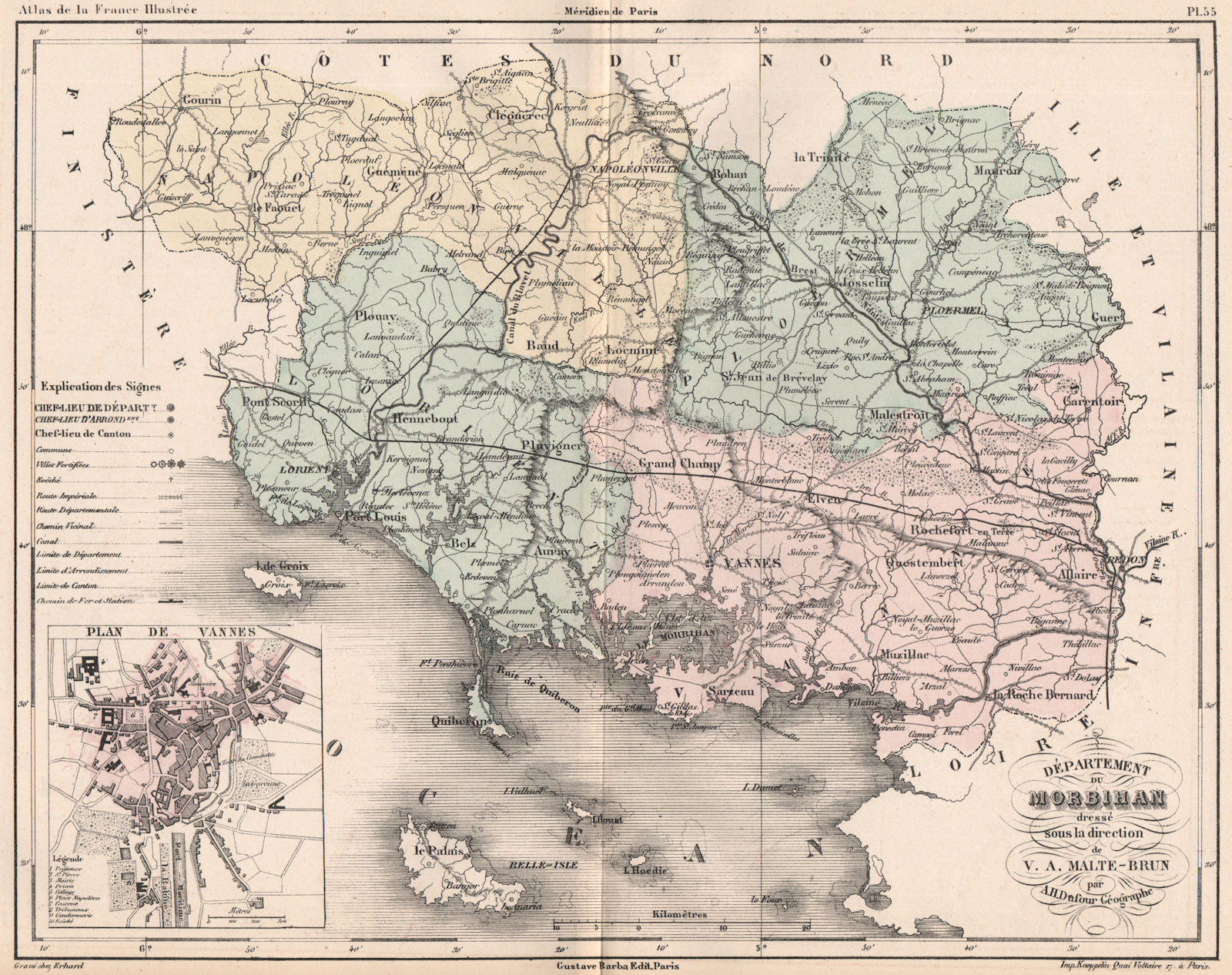 Associate Product MORBIHAN. Carte du département. Plan de Vannes. MALTE-BRUN 1852 old map