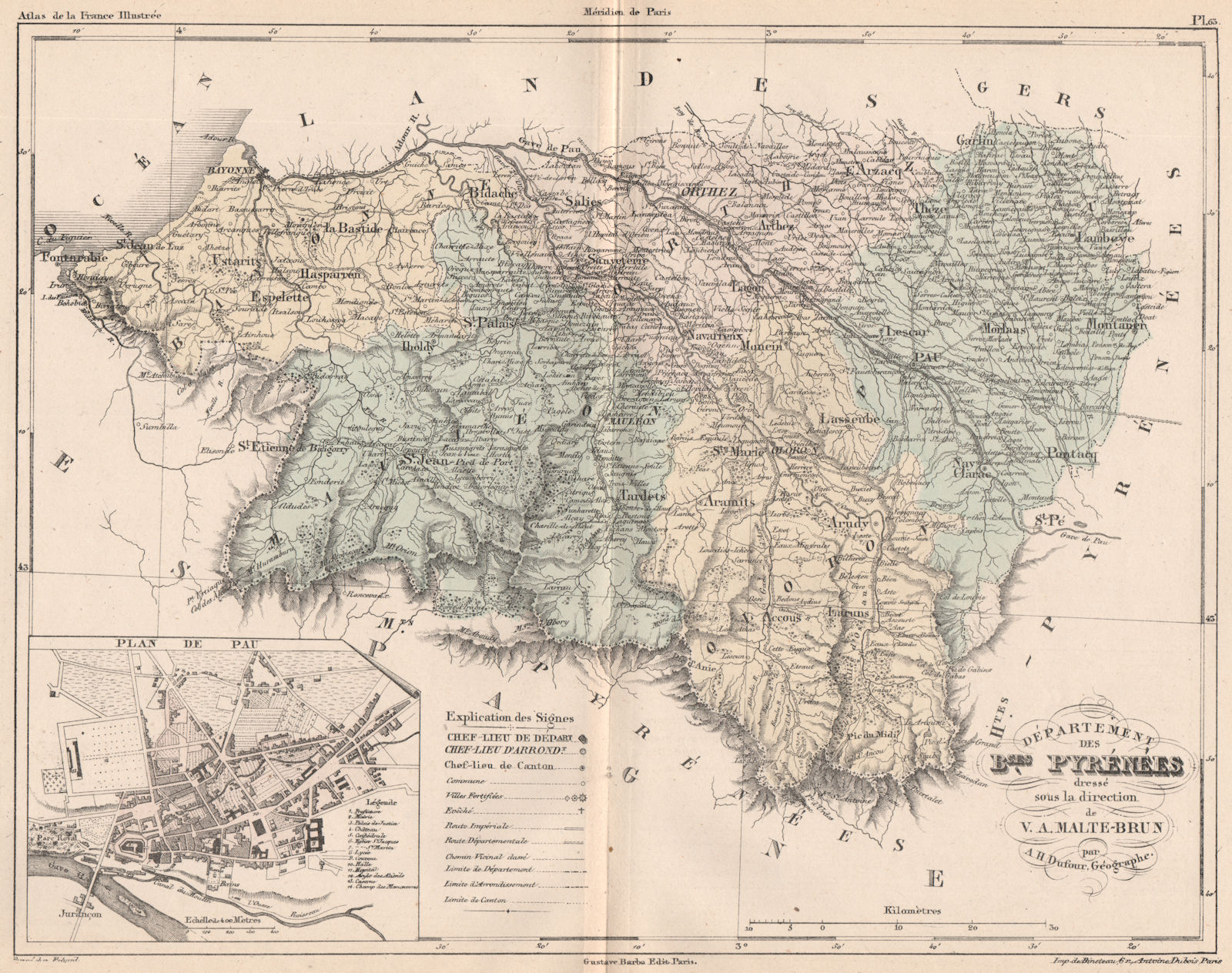 Associate Product PYRÉNÉES-ATLANTIQUES. Département.Basses Pyrenees. Pau plan.MALTE-BRUN 1852 map