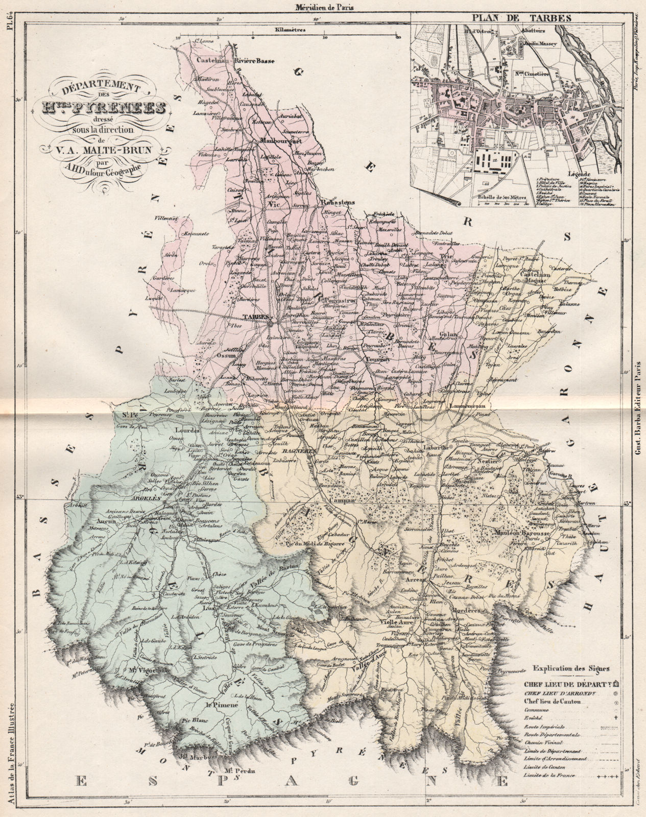 Associate Product HAUTES-PYRÉNÉES.Carte du département.Pyrenees. Tarbes plan. MALTE-BRUN 1852 map