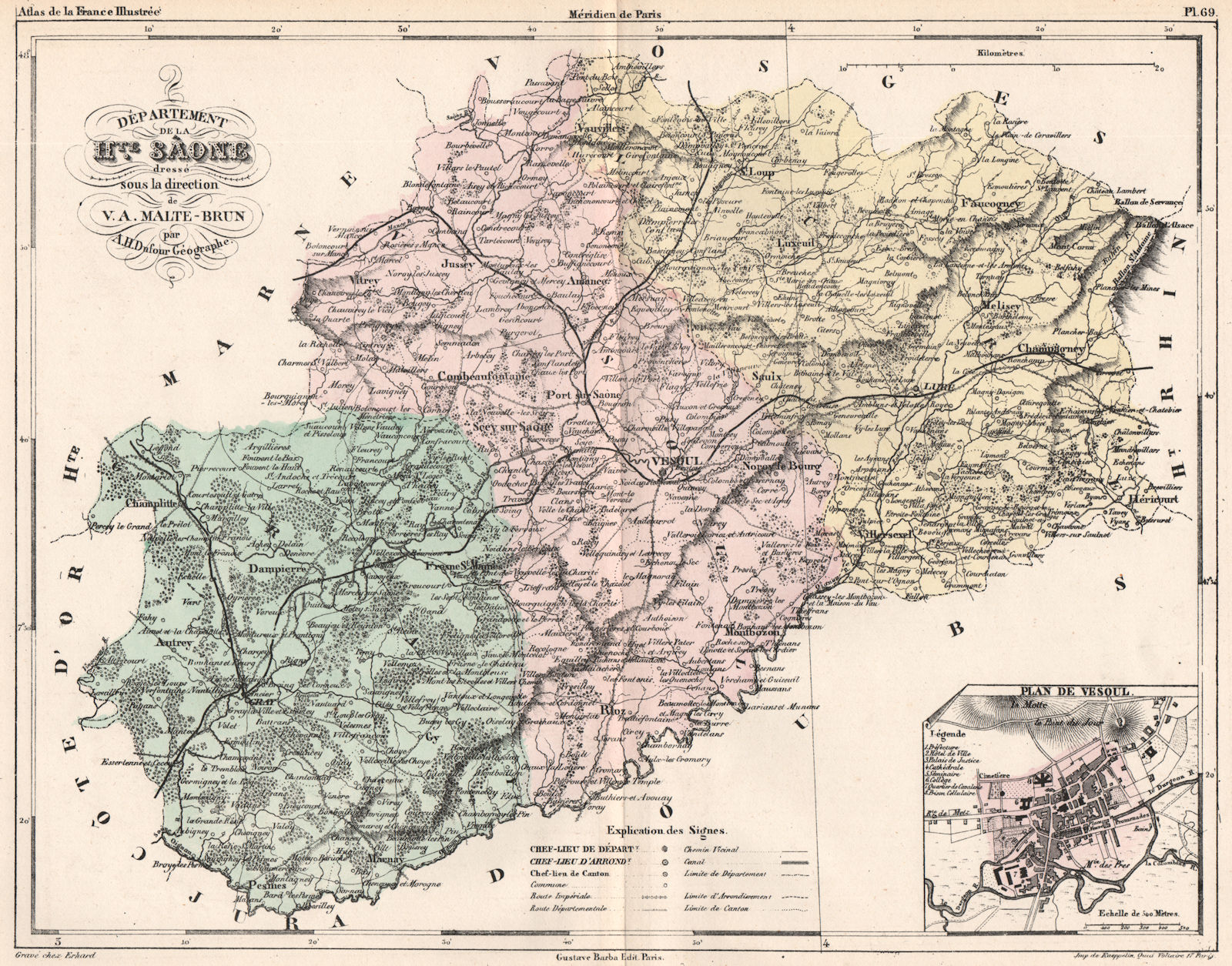 Associate Product HAUTE-SAÔNE. Carte du département. Saone. Plan de Vesoul. MALTE-BRUN 1852 map